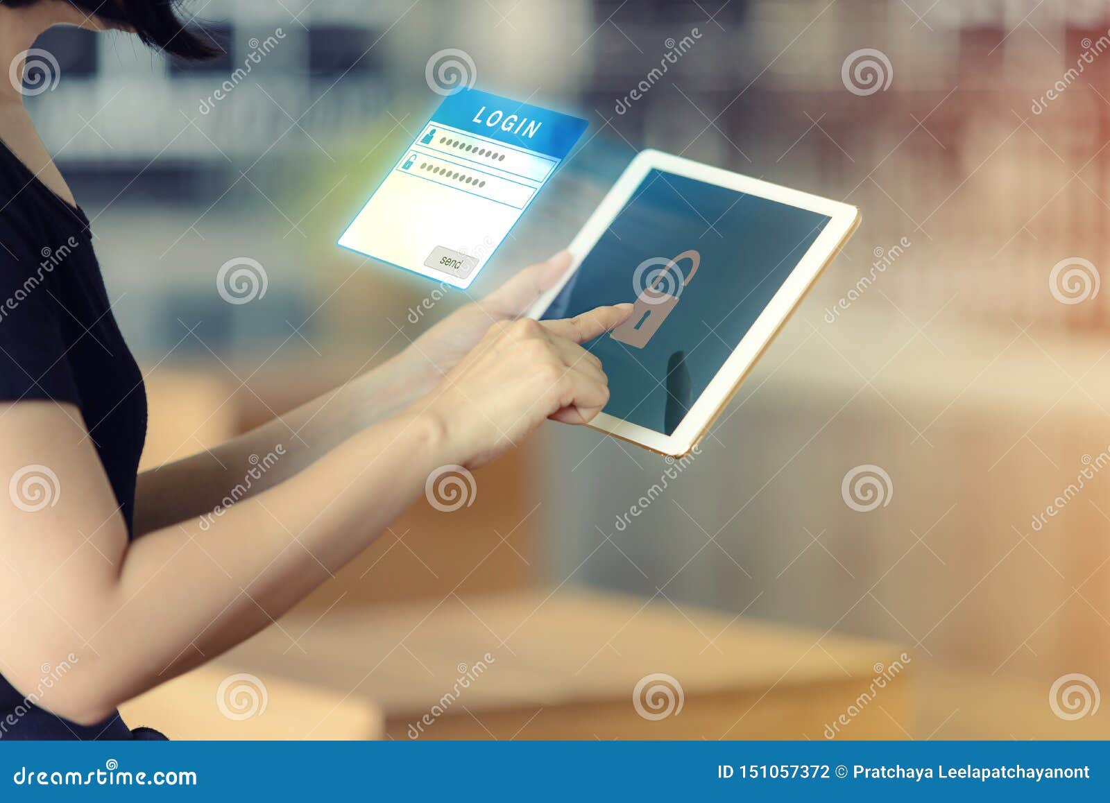 Women Login the Application by Tablet Computer. Cyber Protection Stock