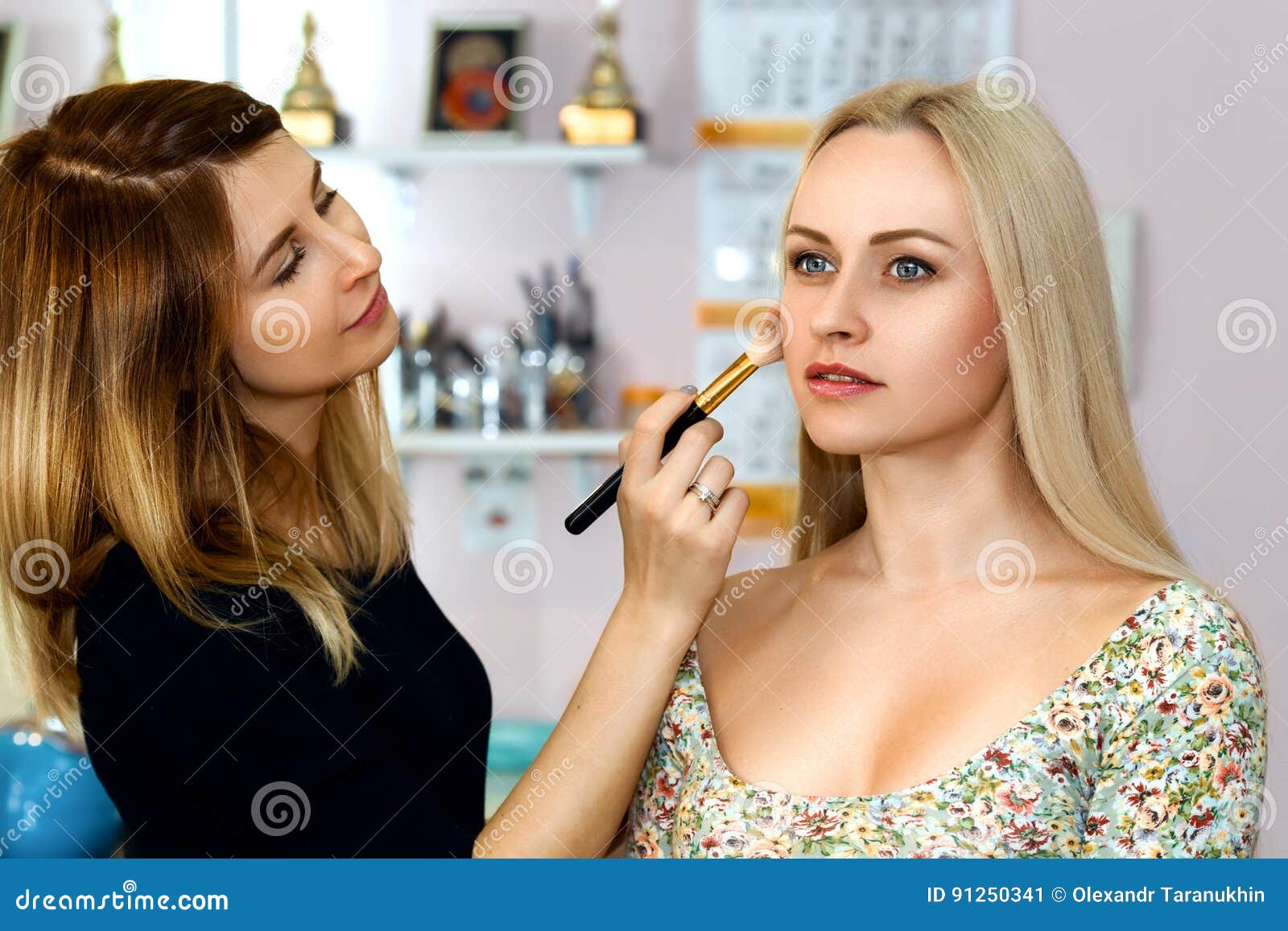 Women Make Up Artist with Her Blonde Model Stock Image - Image of brush ...