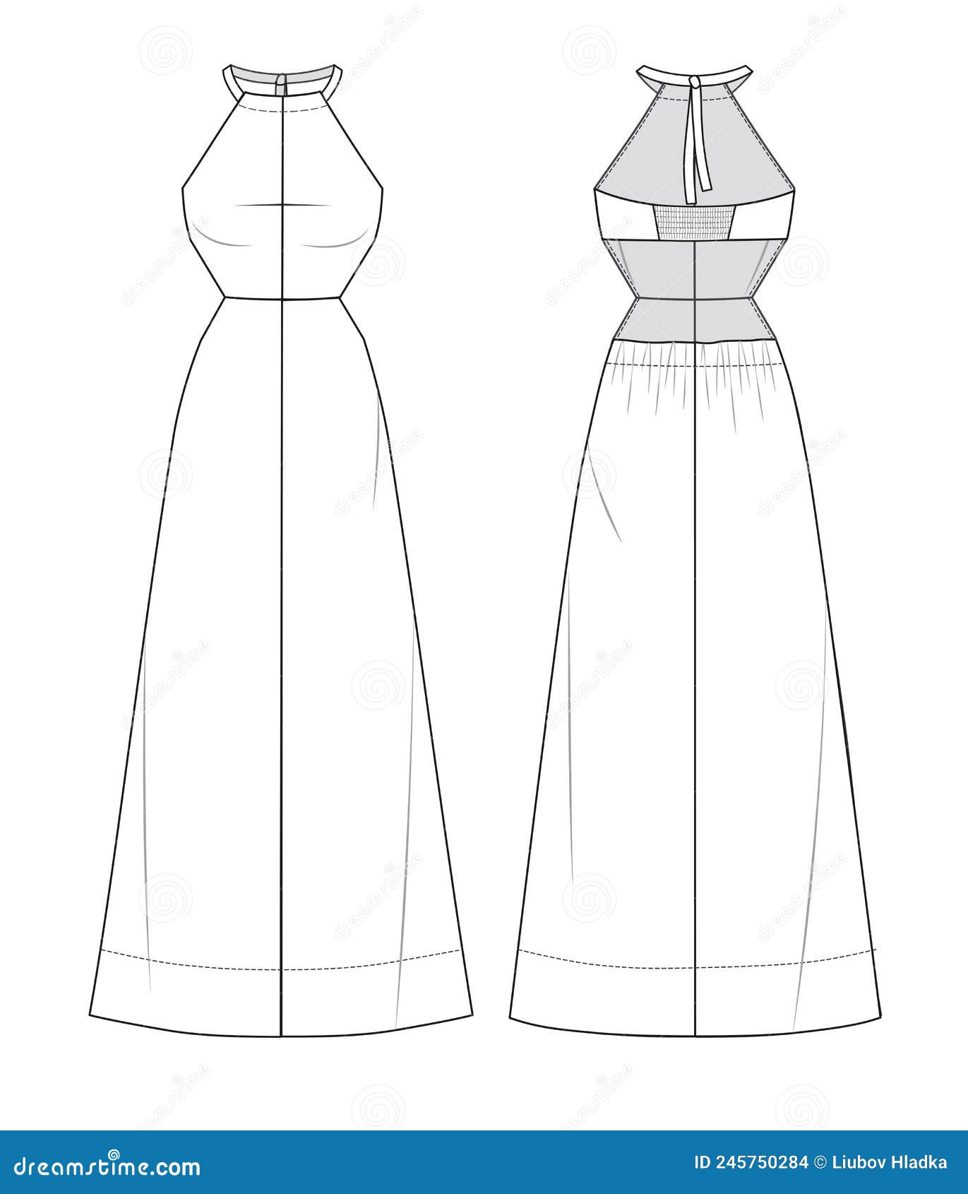 Women Midi Dress Fashion Technical Drawing Template. Girls Sleeveless ...