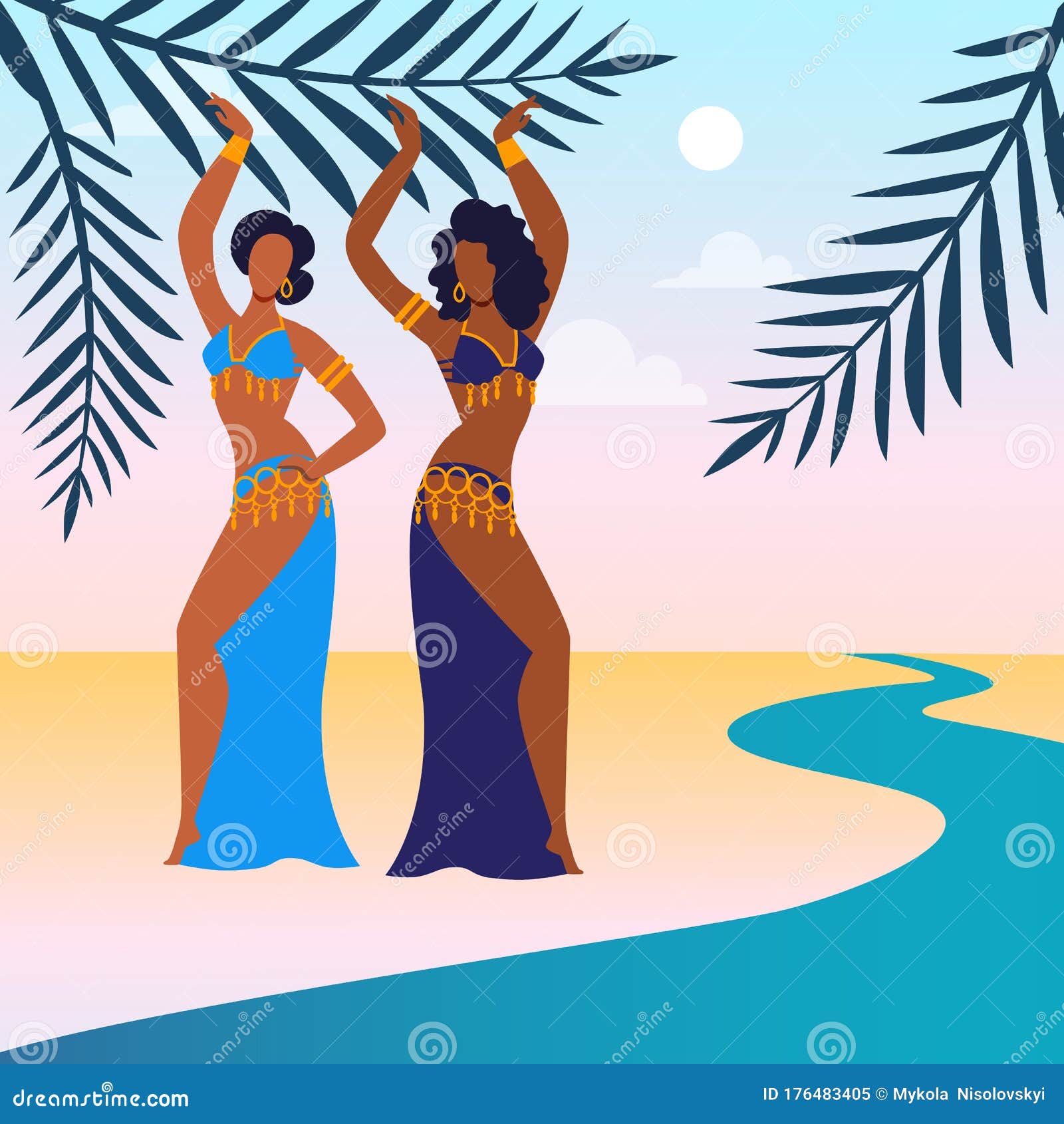 Women Perform Belly Dance Flat Vector Illustration Stock Vector