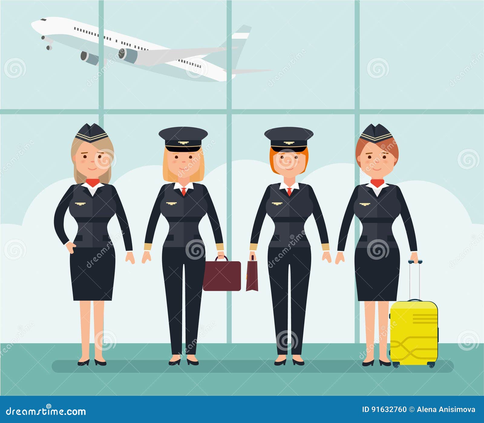 Women Pilots and Flight Attendants. Vector Illustration in Flat Style ...