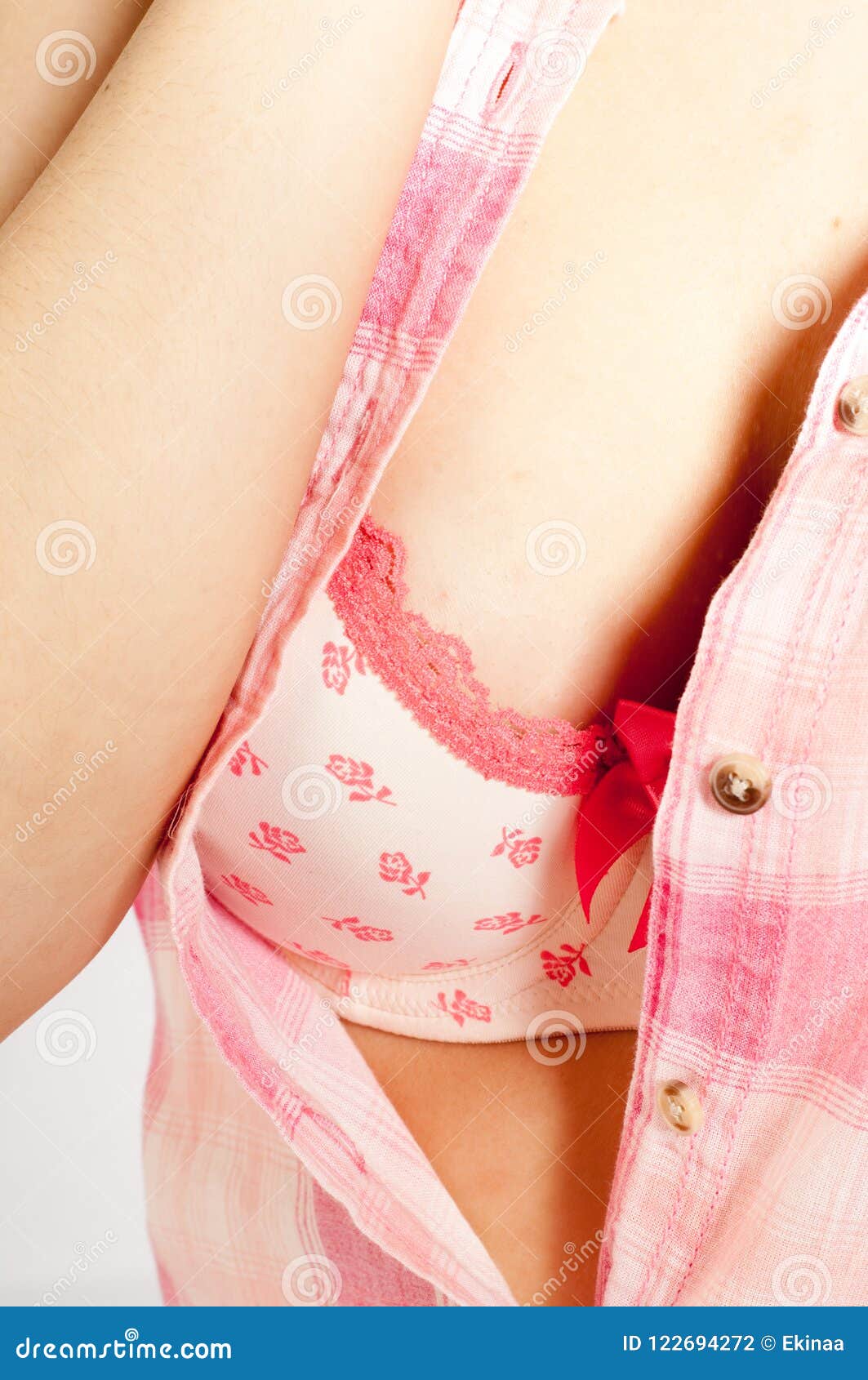 Woman Big Breasts Pink White Bra Stock Photo 283124669