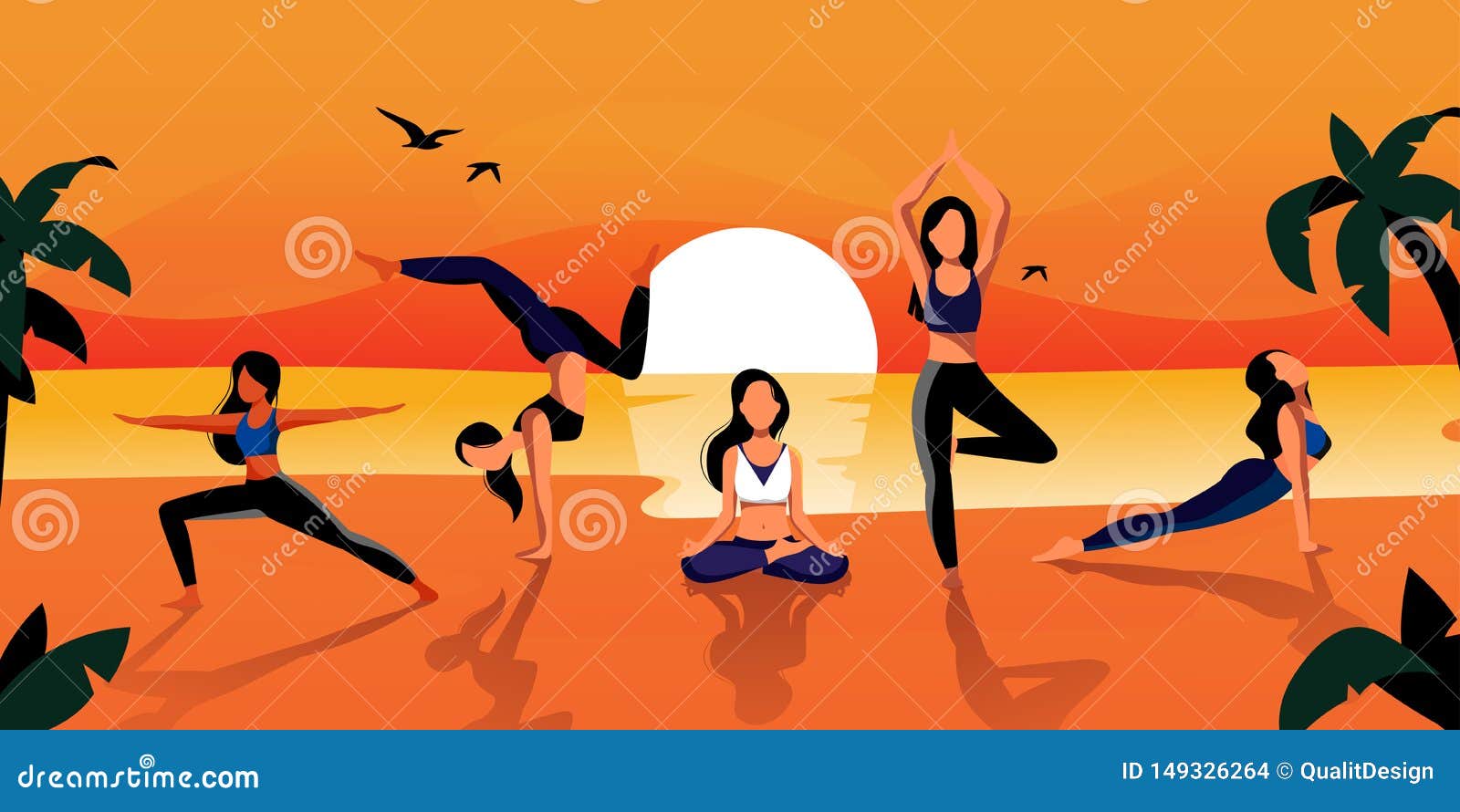 Women Practicing Yoga, Meditation on Beach. Vector Illustration