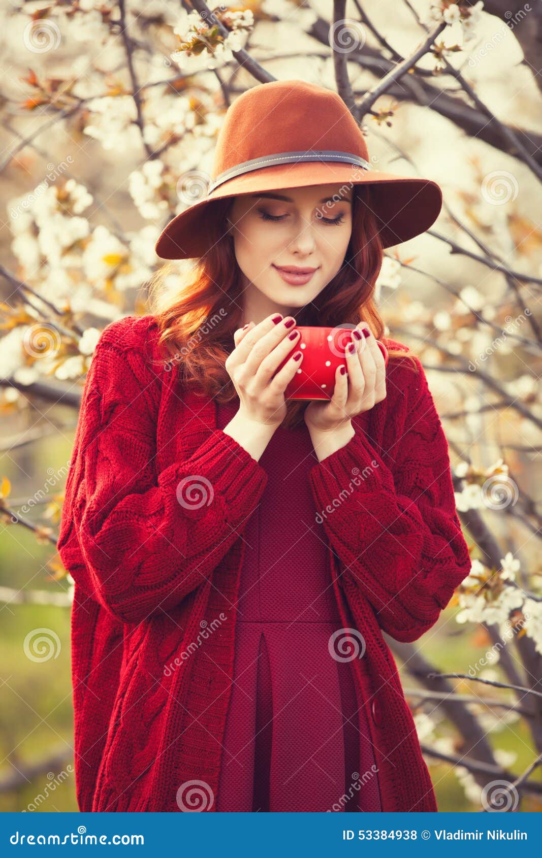 Women in Red Sweater and Hat with Cup Stock Photo - Image of caucasian ...