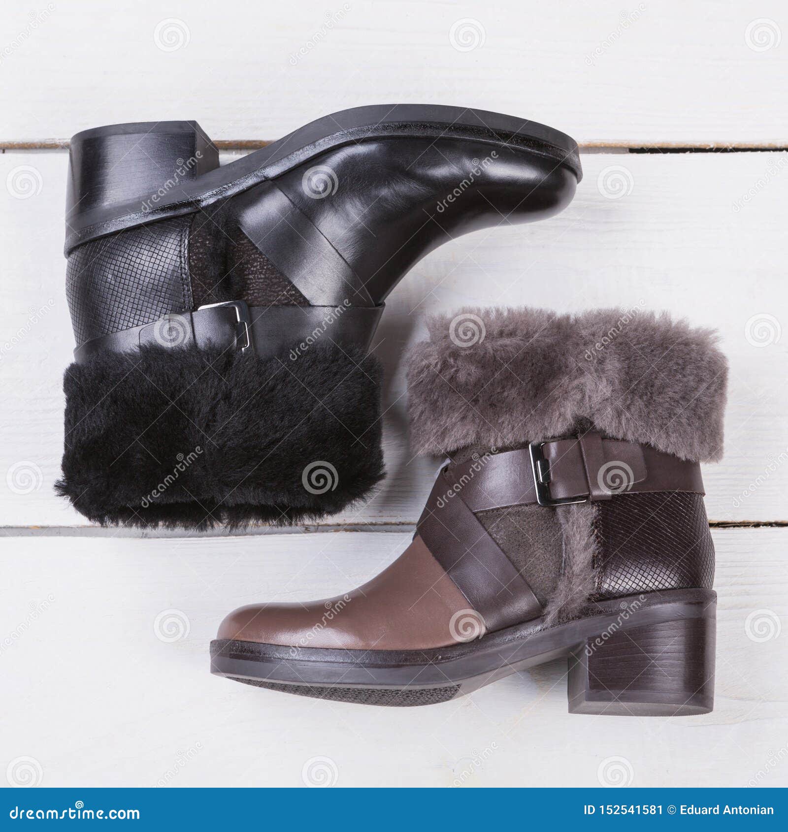 Women`s Autumn or Winter Boots with Fur, on a White Wooden Board ...