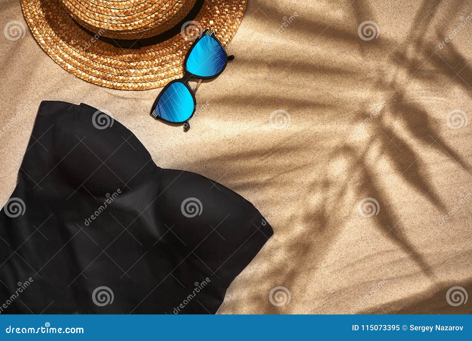 Women`s Beach Accessories or Summer Outfit on Sand Background. Top View ...