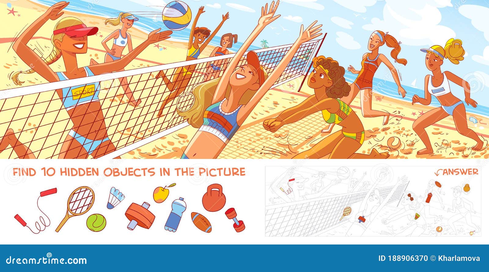 women`s beach volleyball. panorama. find 10 hidden objects