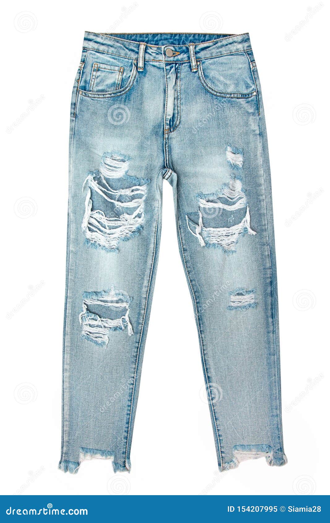 Women`s Blue Jeans with Holes Isolated on White Background Stock Image ...