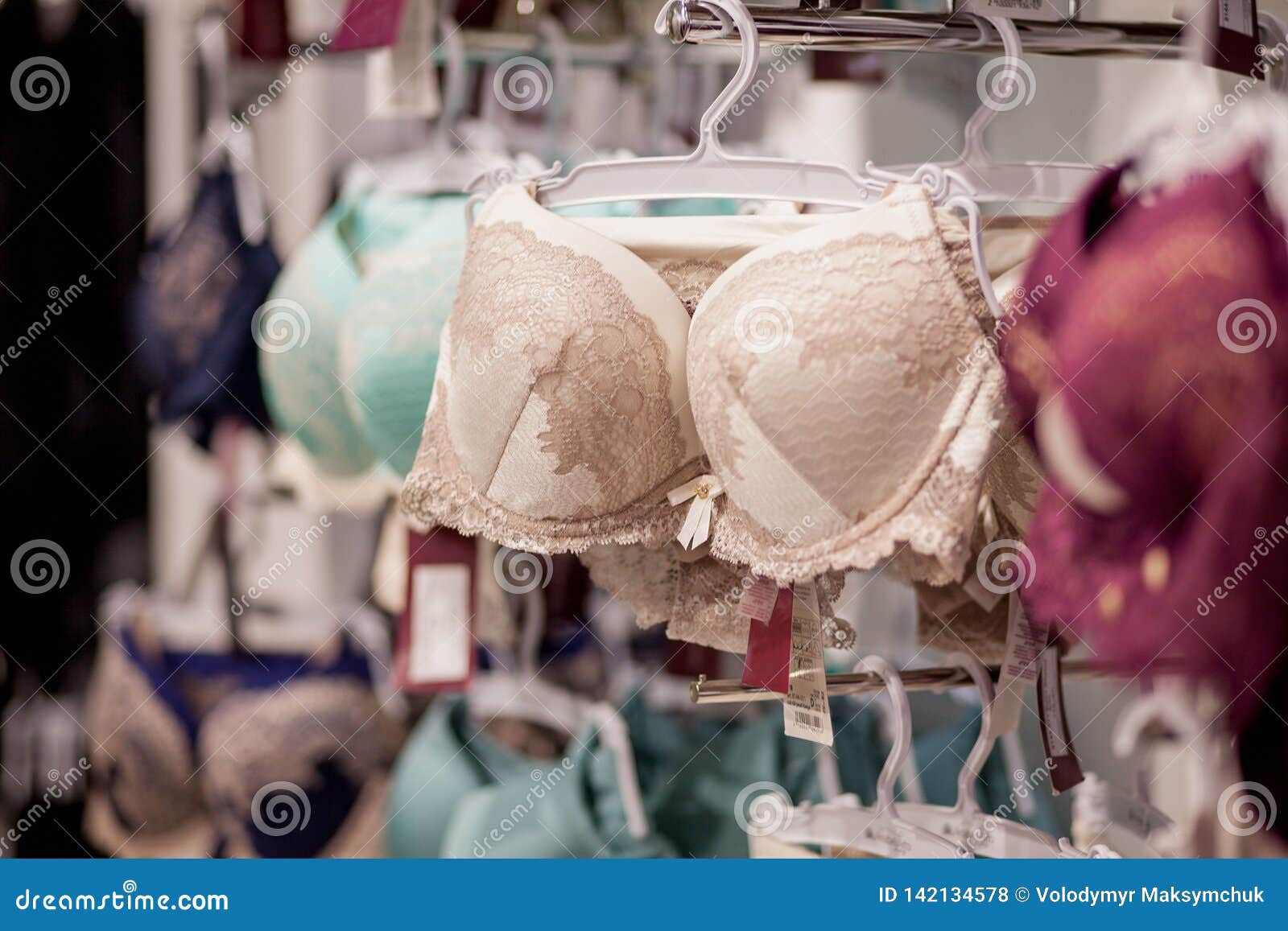 Women's bras for sale in market. selective focus on the bra hanging on the  hanger 18740337 Stock Photo at Vecteezy