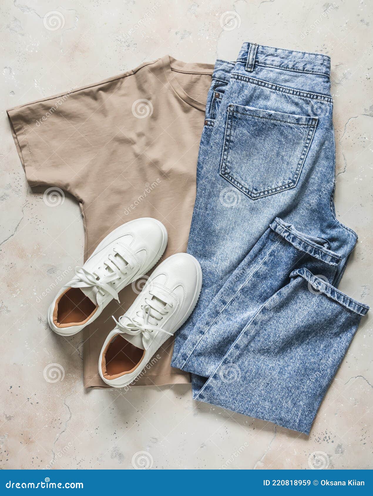 Women`s Casual Walking Wear - Comfortable Leather Sneakers, Beige T-shirt  and Blue Jeans on a Light Background, Top View Stock Image - Image of pair,  fabric: 220818959