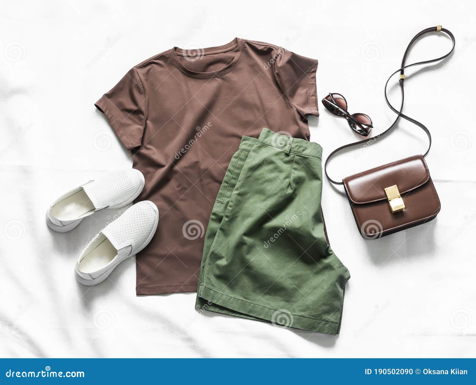 Women`s Cotton Bermuda Shorts, Brown T-shirt, Crossbody Bag, White ...