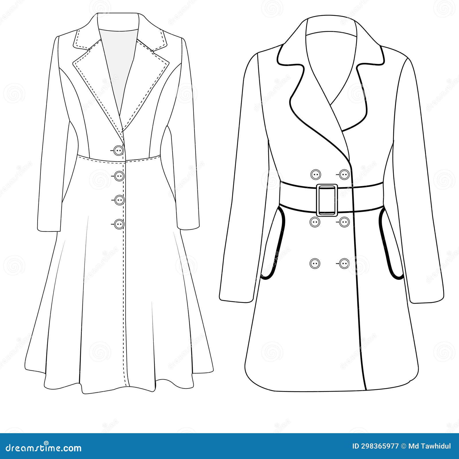 women's double-breasted trench coat  , women long coat,  , flat technical drawing.