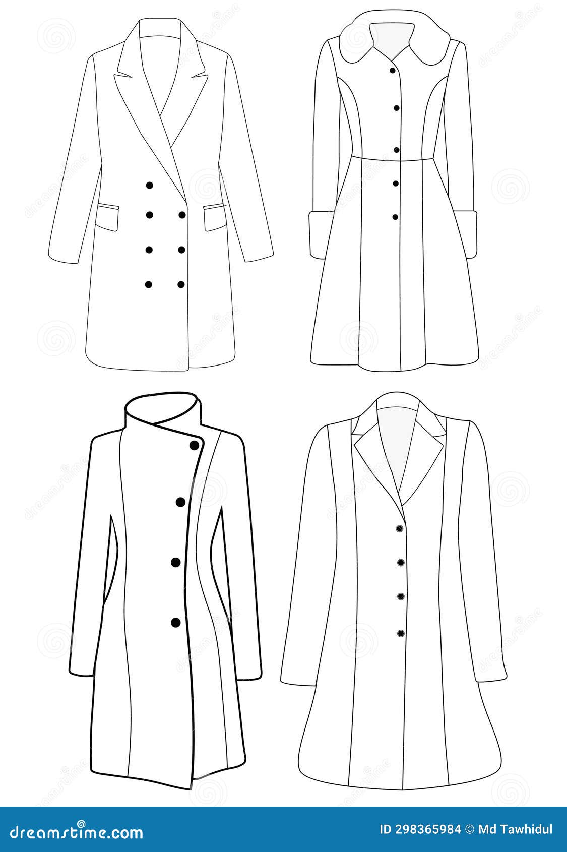 women's double-breasted trench coat  , women long coat,  , flat technical drawing.