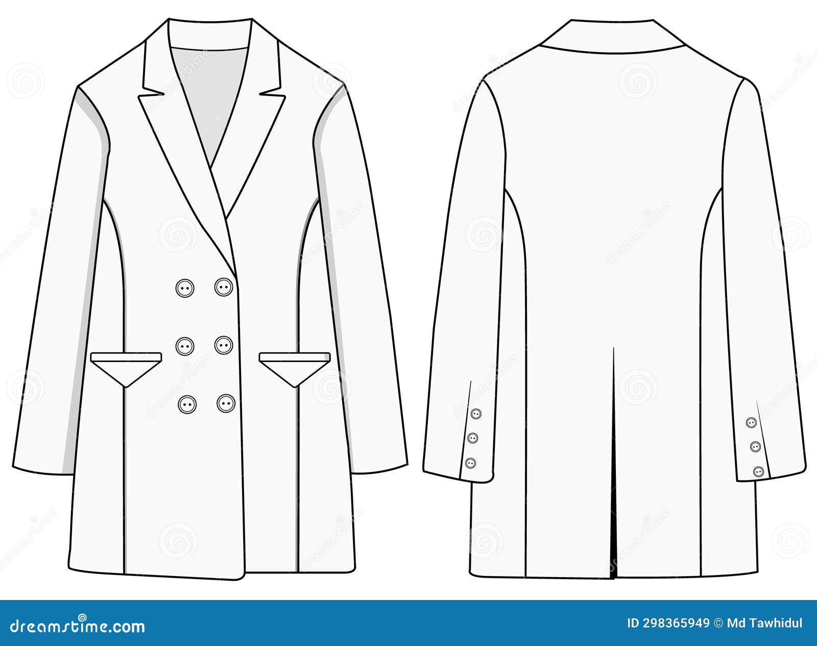 women's double-breasted trench coat  , women long coat,  , flat technical drawing 