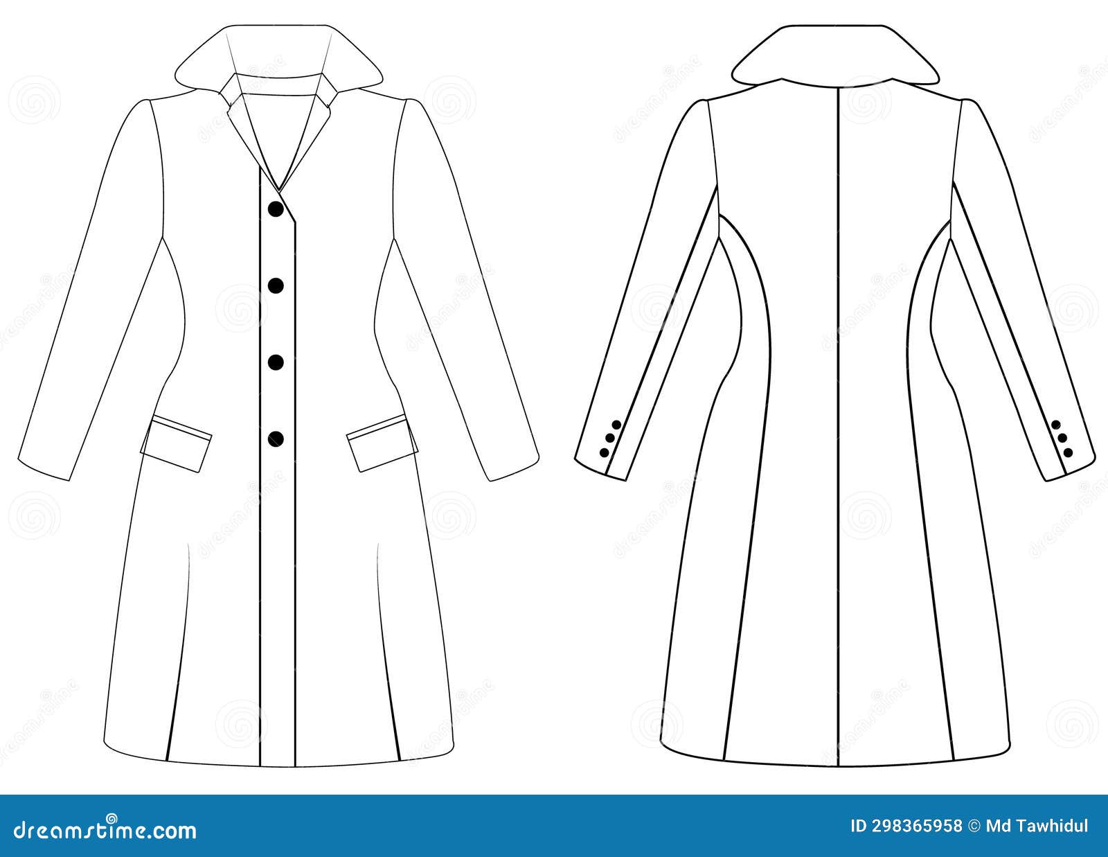 women's double-breasted trench coat  , women long coat,  , flat technical drawing.