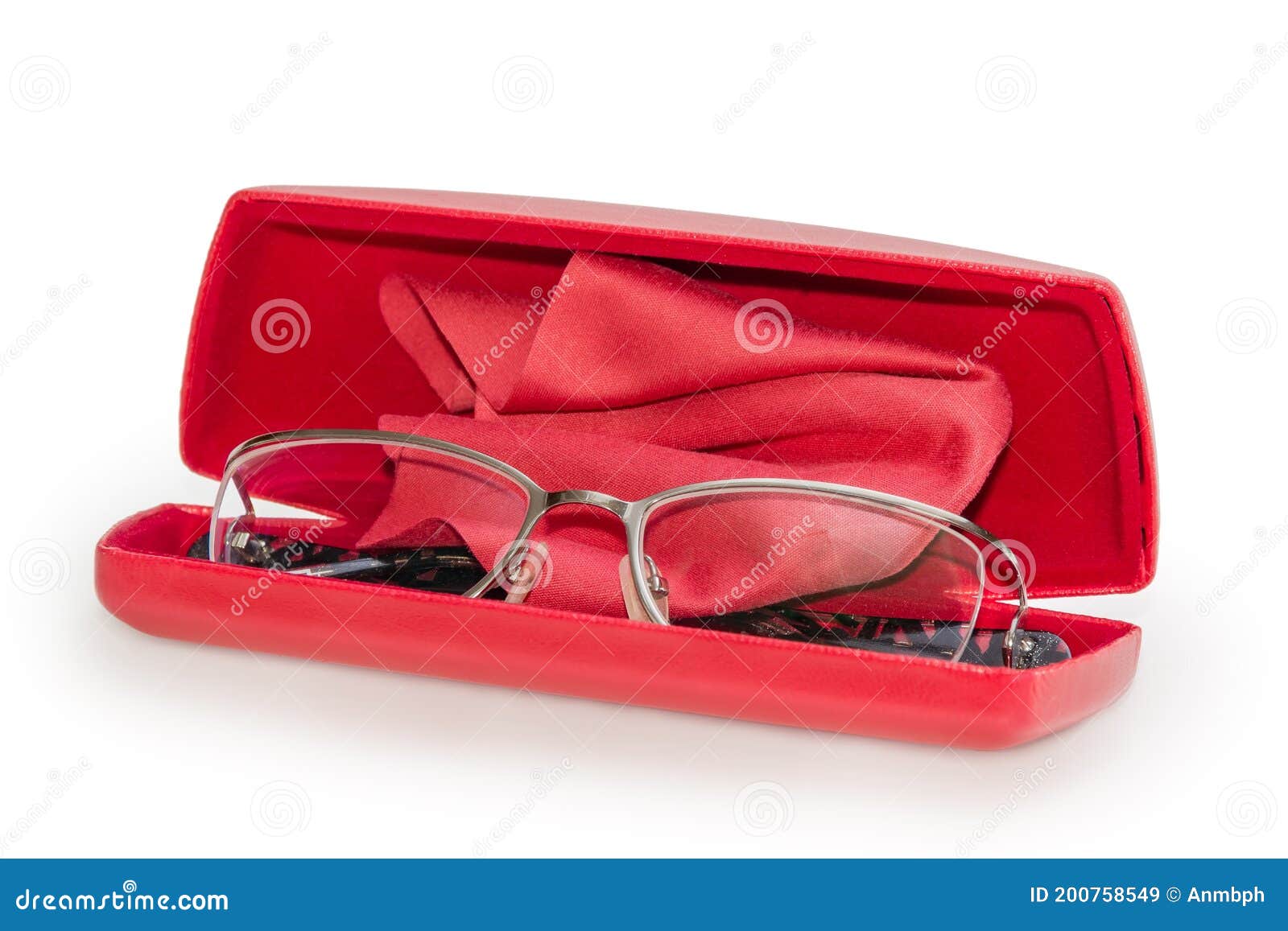 women`s eyeglasses in red hard spectacle-case with glasses wipe