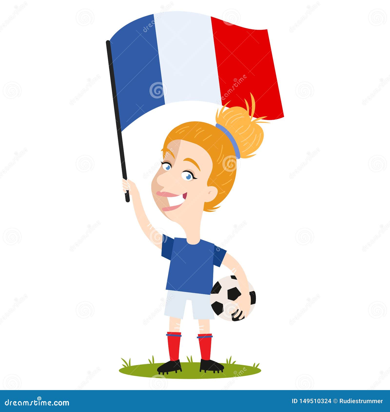 Women`s Football, Female Player for France, Cartoon Woman Holding French  Flag Wearing Blue Shirt and White Shorts Stock Vector - Illustration of  footballer, cleats: 149510324