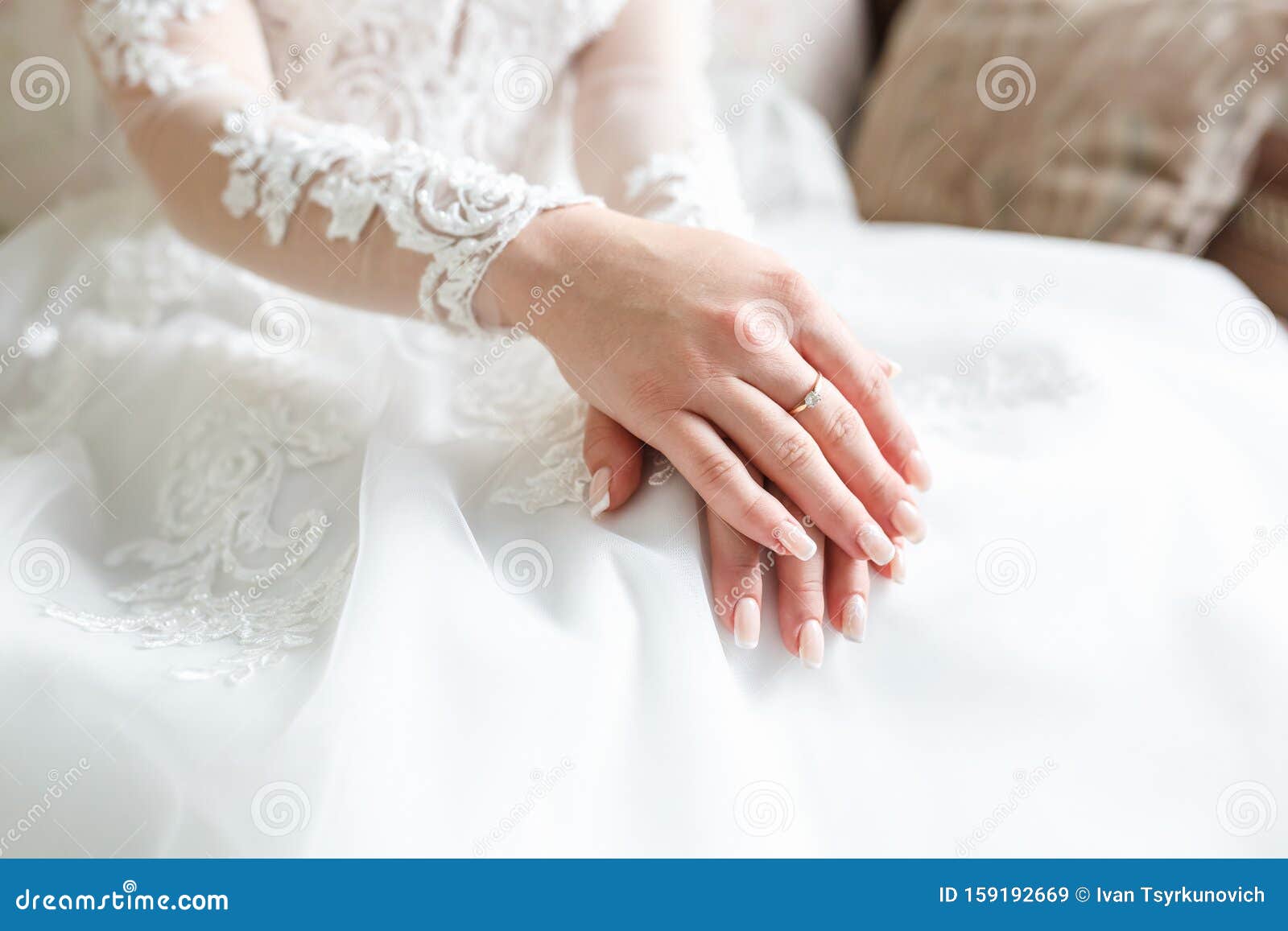 Women`s Hands Folded on Their Knees in Anticipation of the Wedding and ...