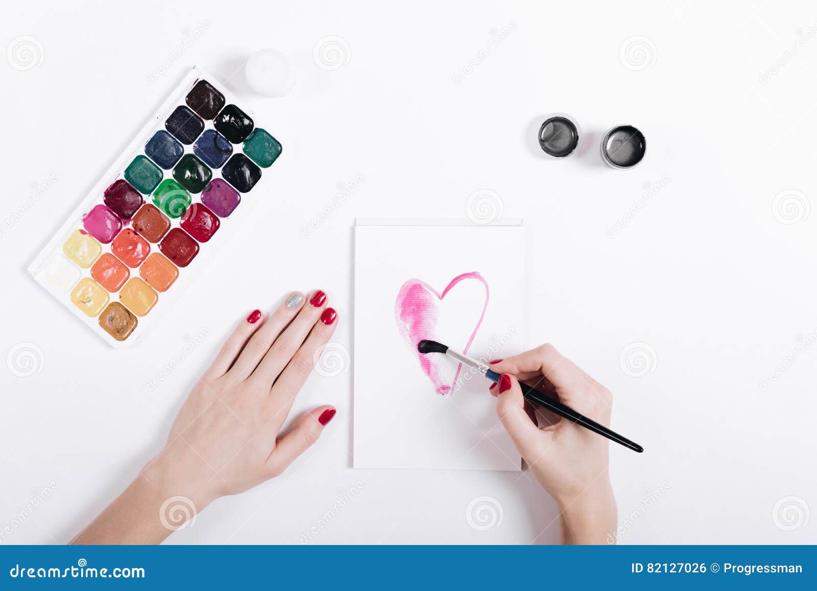 Women S Hands with Red Nail Polish Painted Watercolor Heart in a Stock ...