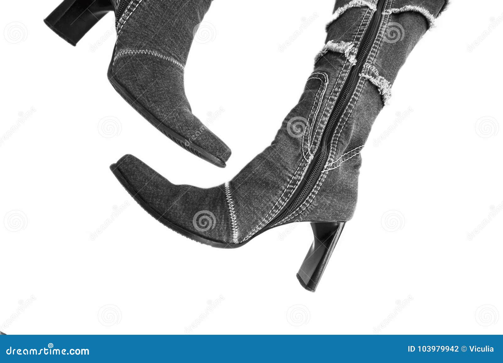 Women`s High Heel Denim Boots on White Background Stock Photo - Image ...