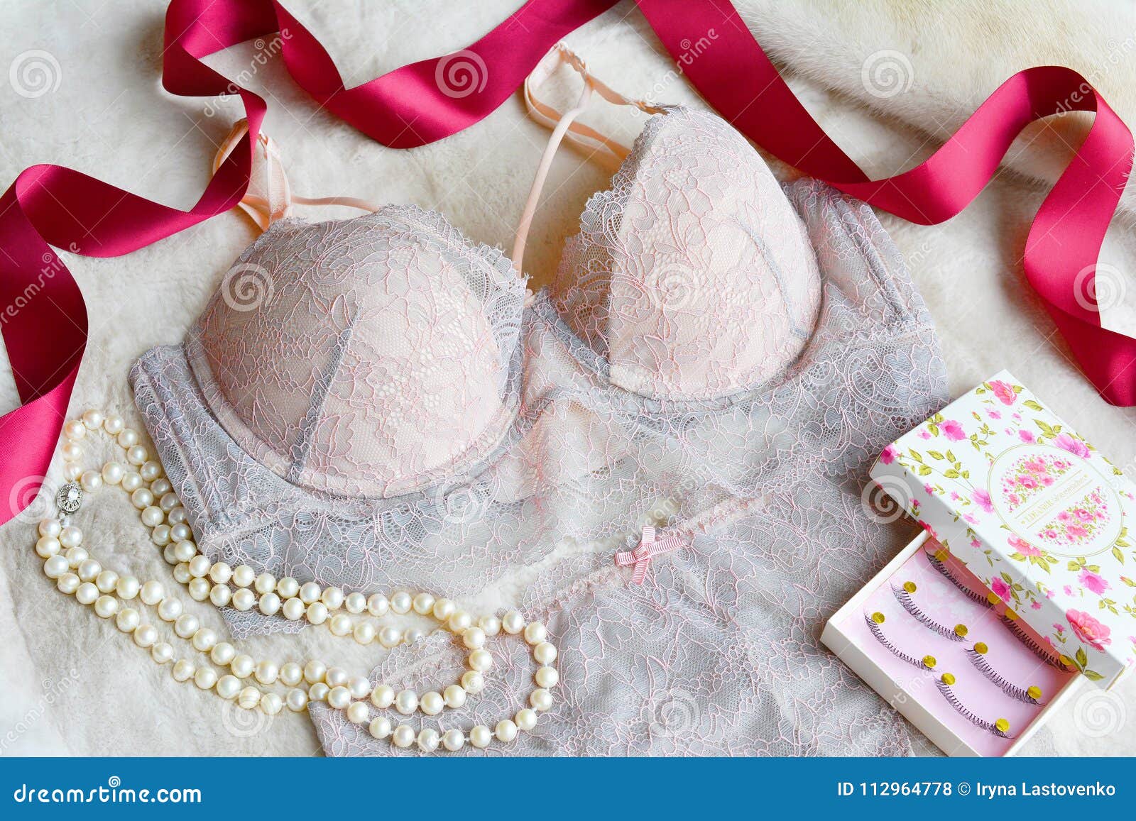 Women`s Lace Underwear Gentle Pink Color: Bra and Panties. Stock