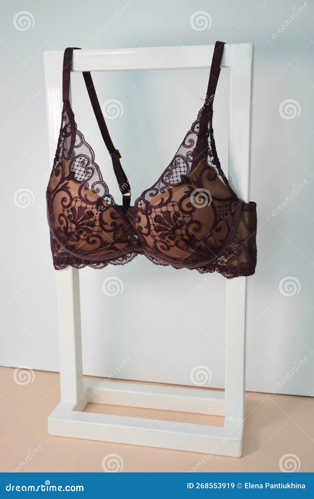 Women S Lacy Dark Purple Plum Bra Hangs on a Stand on a White and