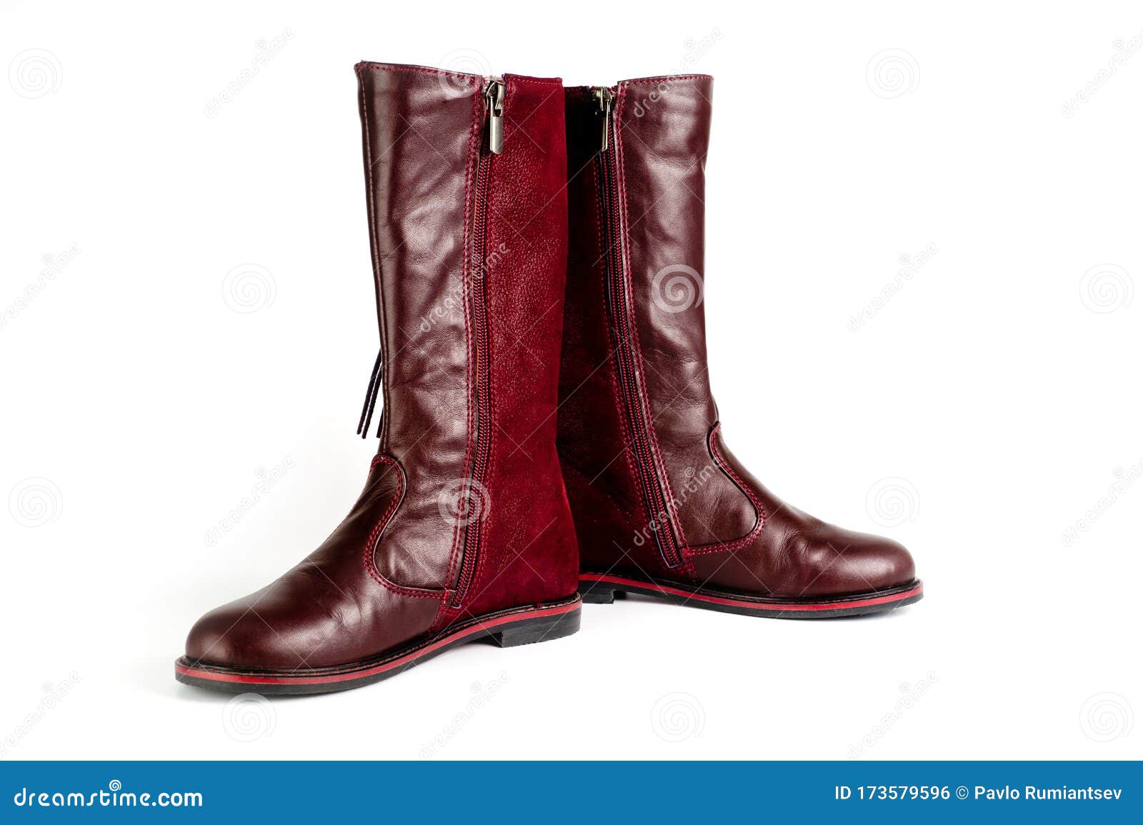 Women`s Leather Boots in Burgundy, Fastened with a Zipper. Background ...