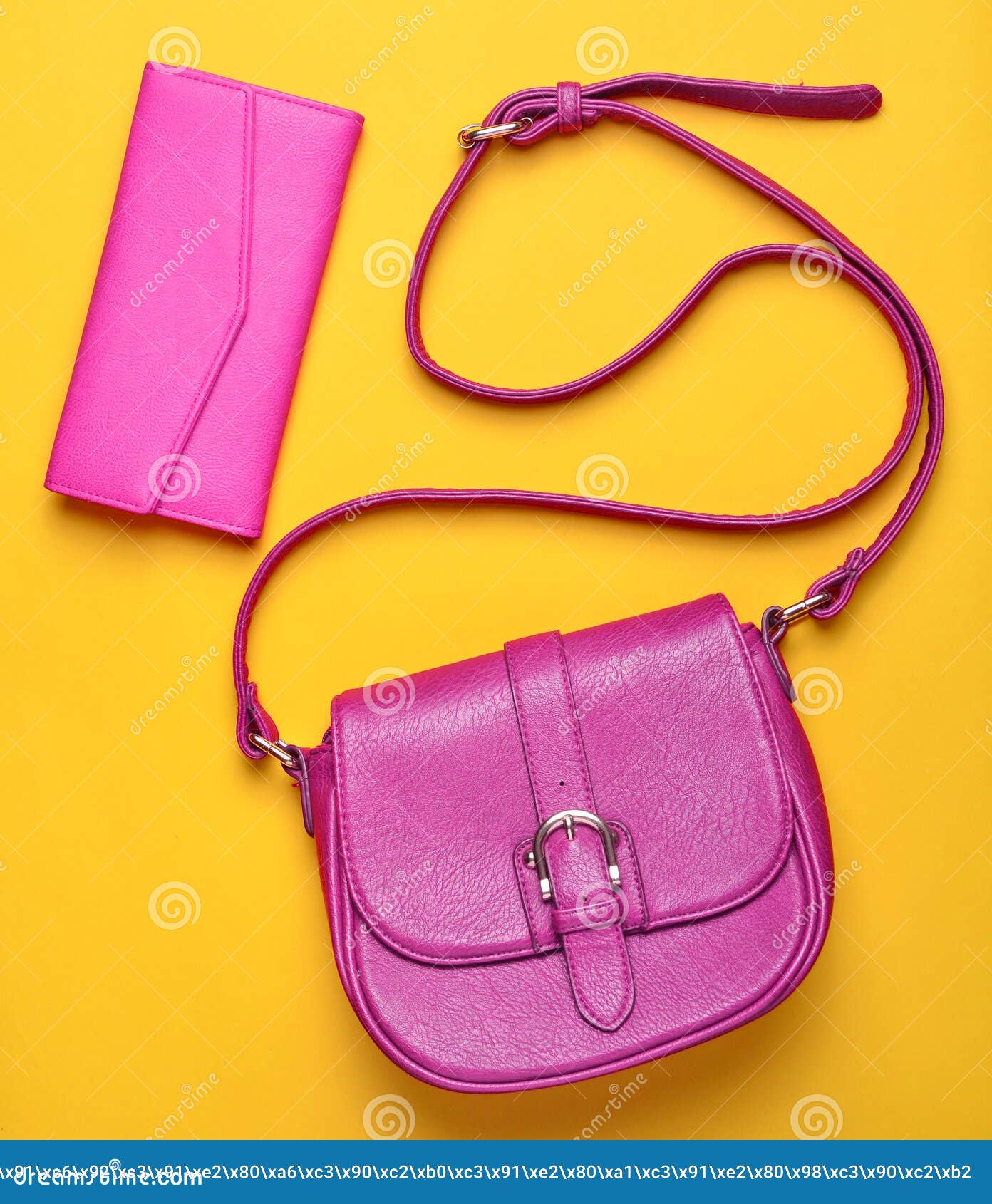 Women& X27;s Leather Red Bag And Purse On A Yellow Pastel Background ...