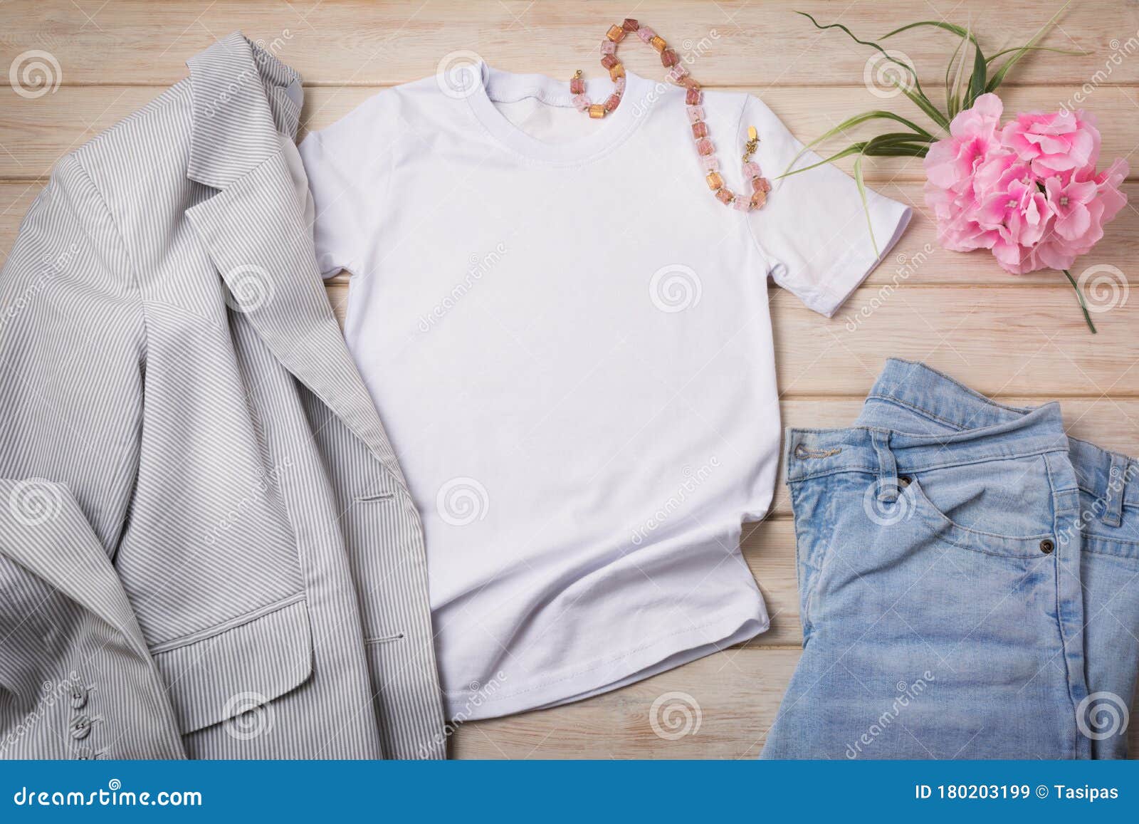 Download Women T Shirt Mockup With Jeans And Striped Blazer Stock Image Image Of Mock Girl 180203199