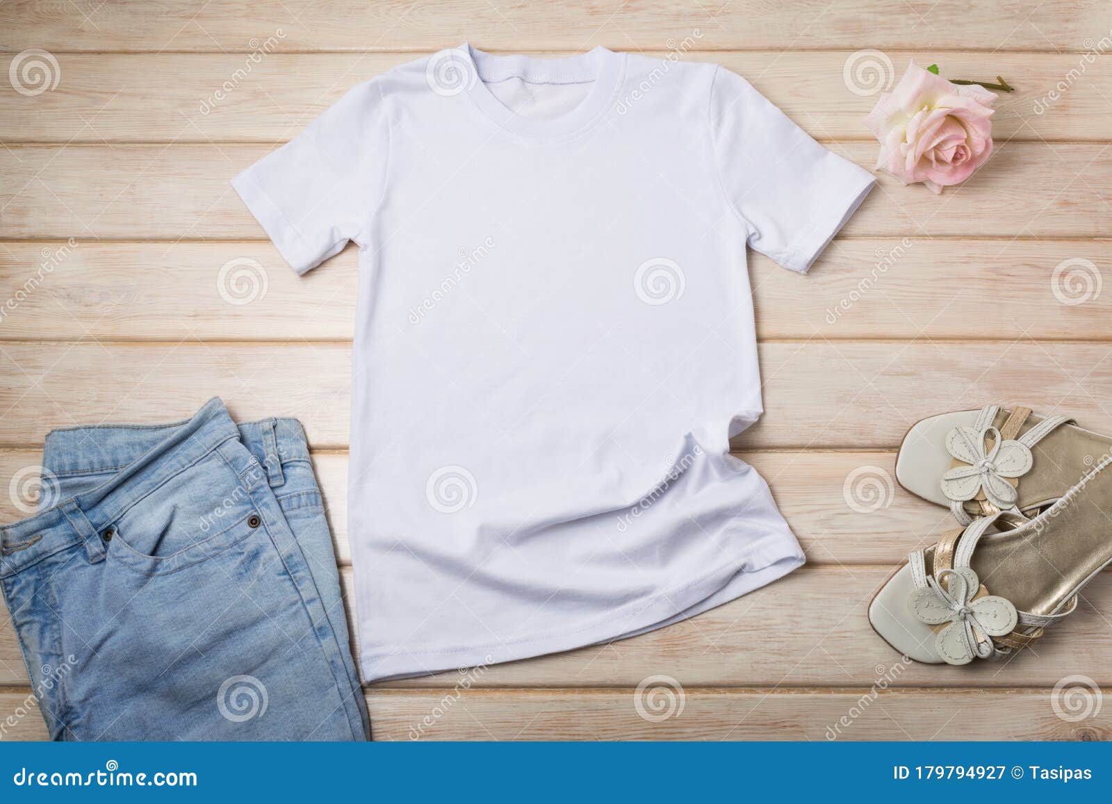 Download Women T Shirt Mockup With Rose And Sandals Stock Image Image Of Fabric Outfit 179794927
