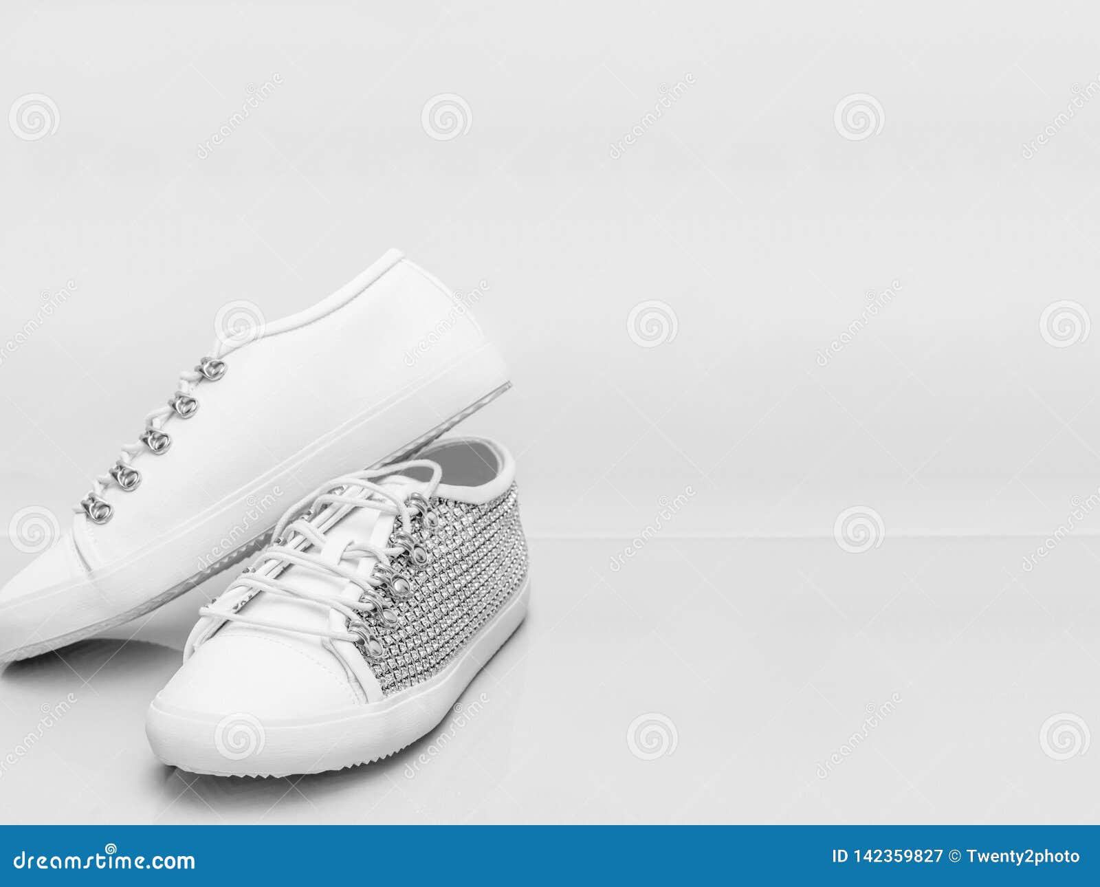 Women`s White Studded Stylish Shoes with a Plain Background for Copy ...