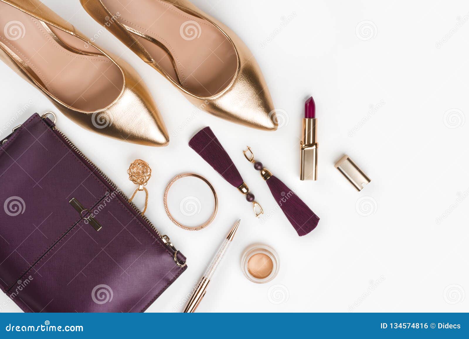 Women Set of Fashion Accessories in Golden and Purple Color Stock Photo ...