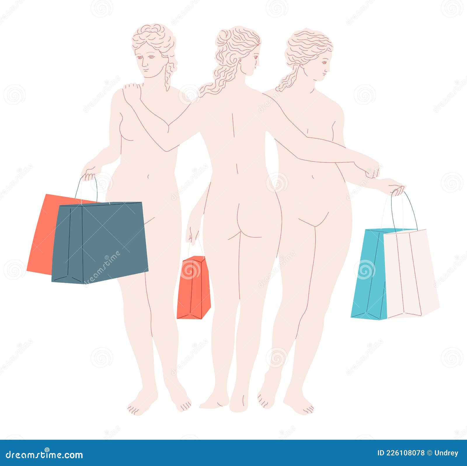 women with shopping bags.. sculpture the three graces.