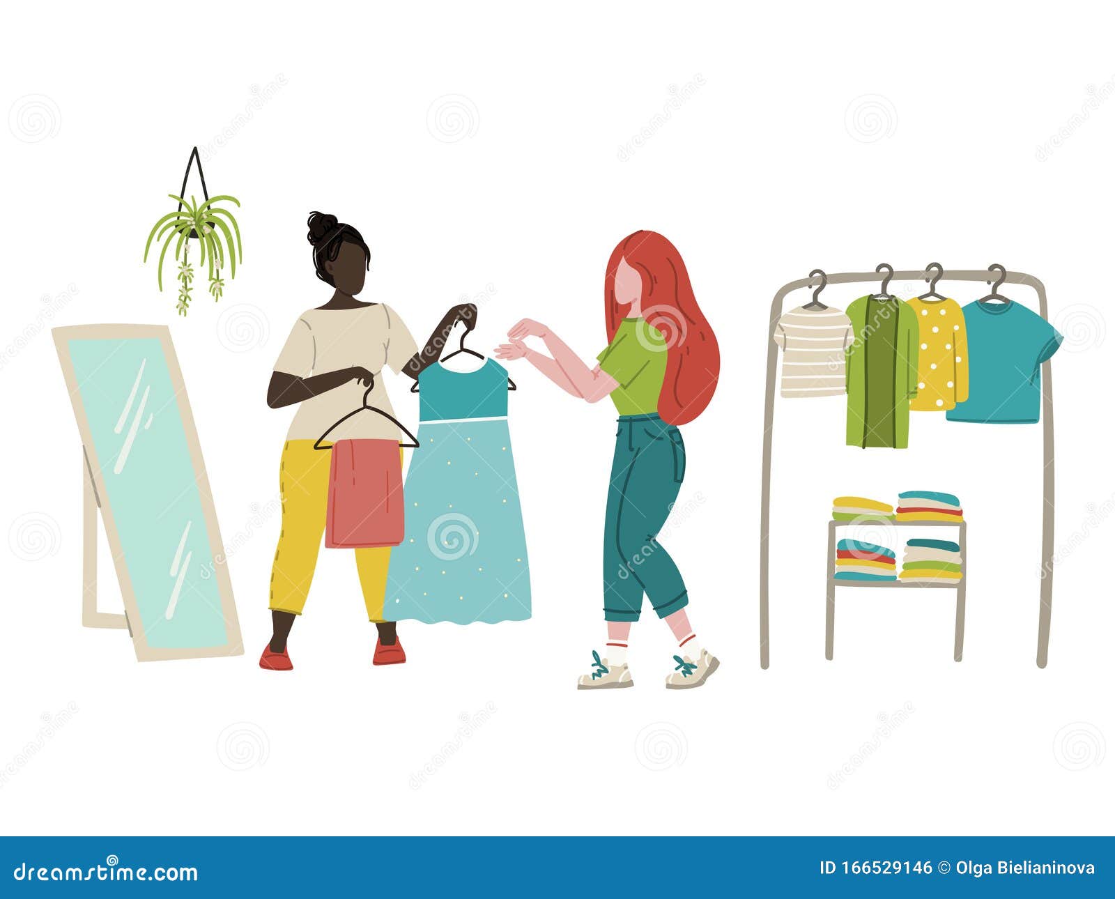 Women Shopping in Clothes Store. Flat Cartoon Hand Drawn Characters Stock  Vector - Illustration of design, mirror: 166529146
