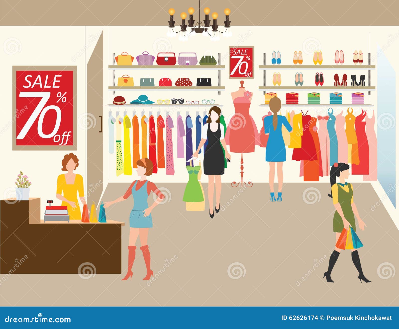 Women Shopping in a Clothing Store. Stock Vector - Illustration of clothes,  counter: 62626174