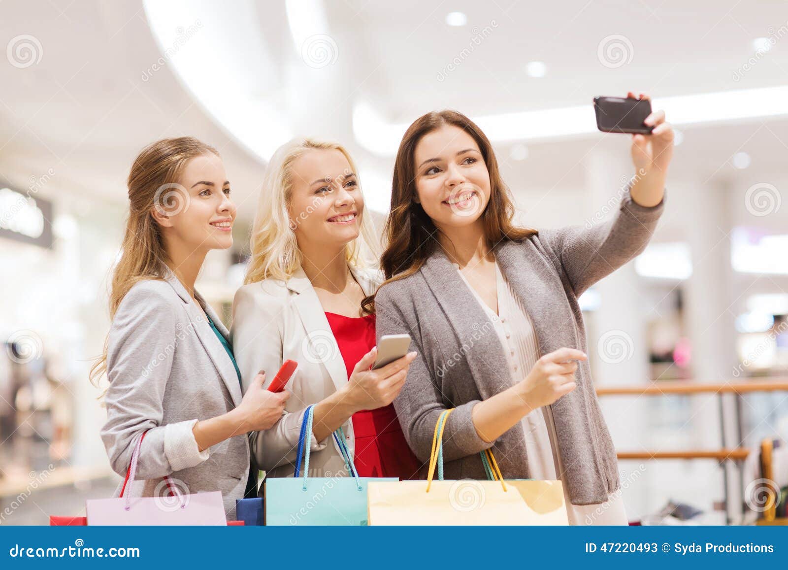 Women with Smartphones Shopping and Taking Selfie Stock Image - Image ...