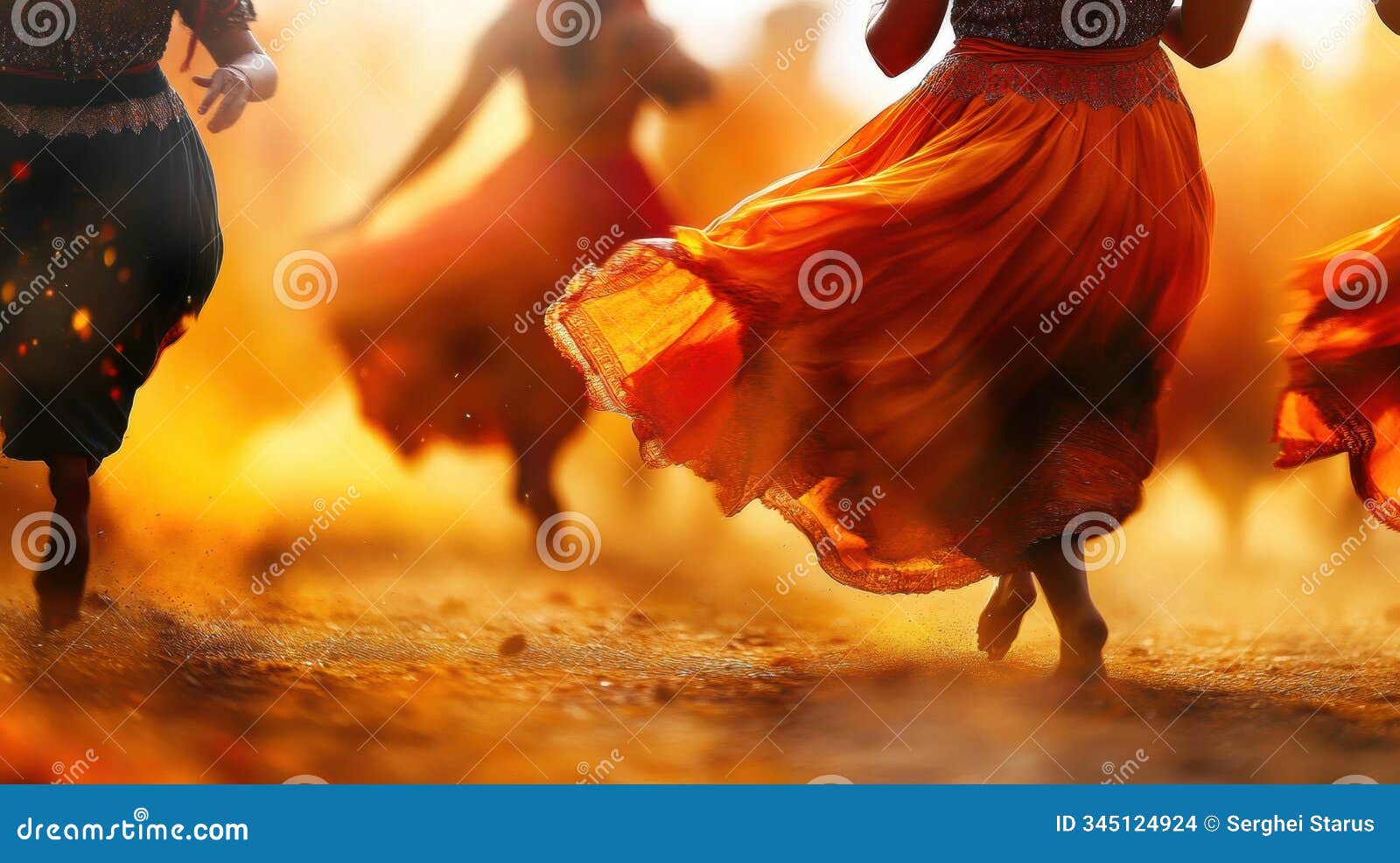 women in vibrant skirts dance joyfully in a swirl of colors and dust, ai