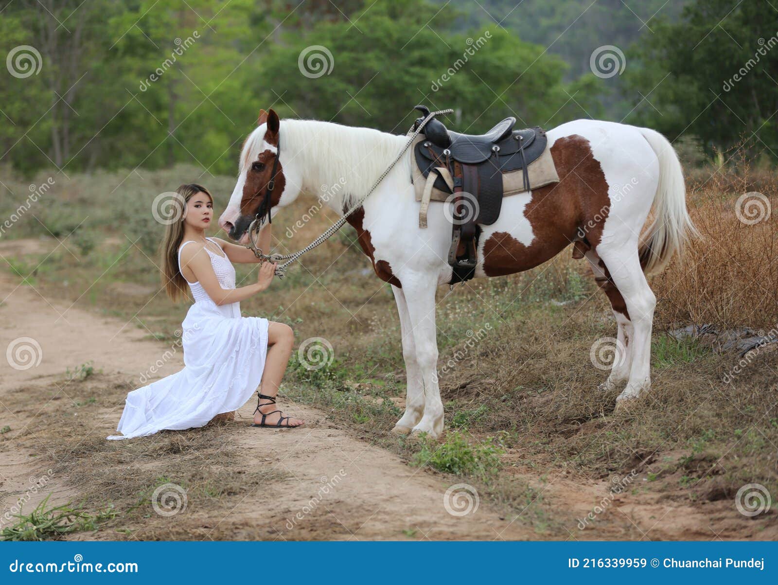 A Young Girl Wearing a White Dress Standing Beside a Horse under
