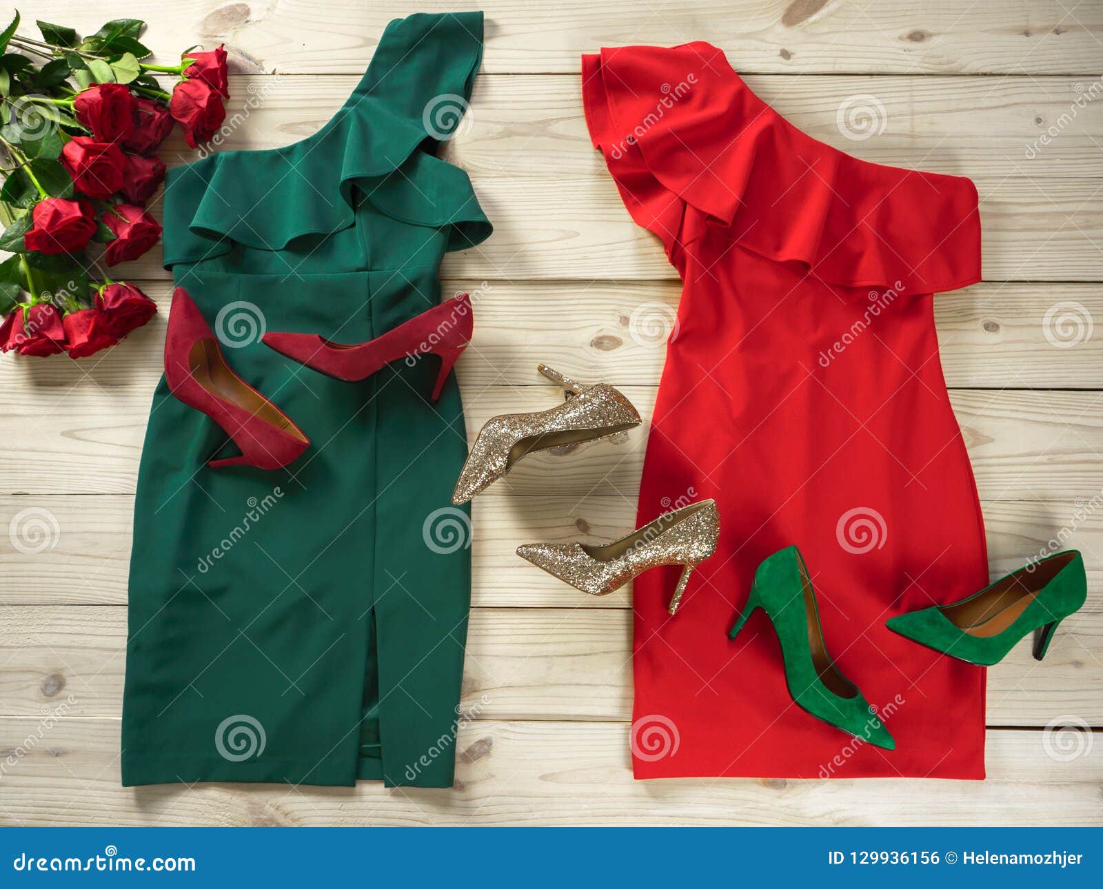 Womens Clothes and Shoes Red Green Dresses, Pumps. Fashion Out Stock Photo  - Image of footwear, background: 129936156