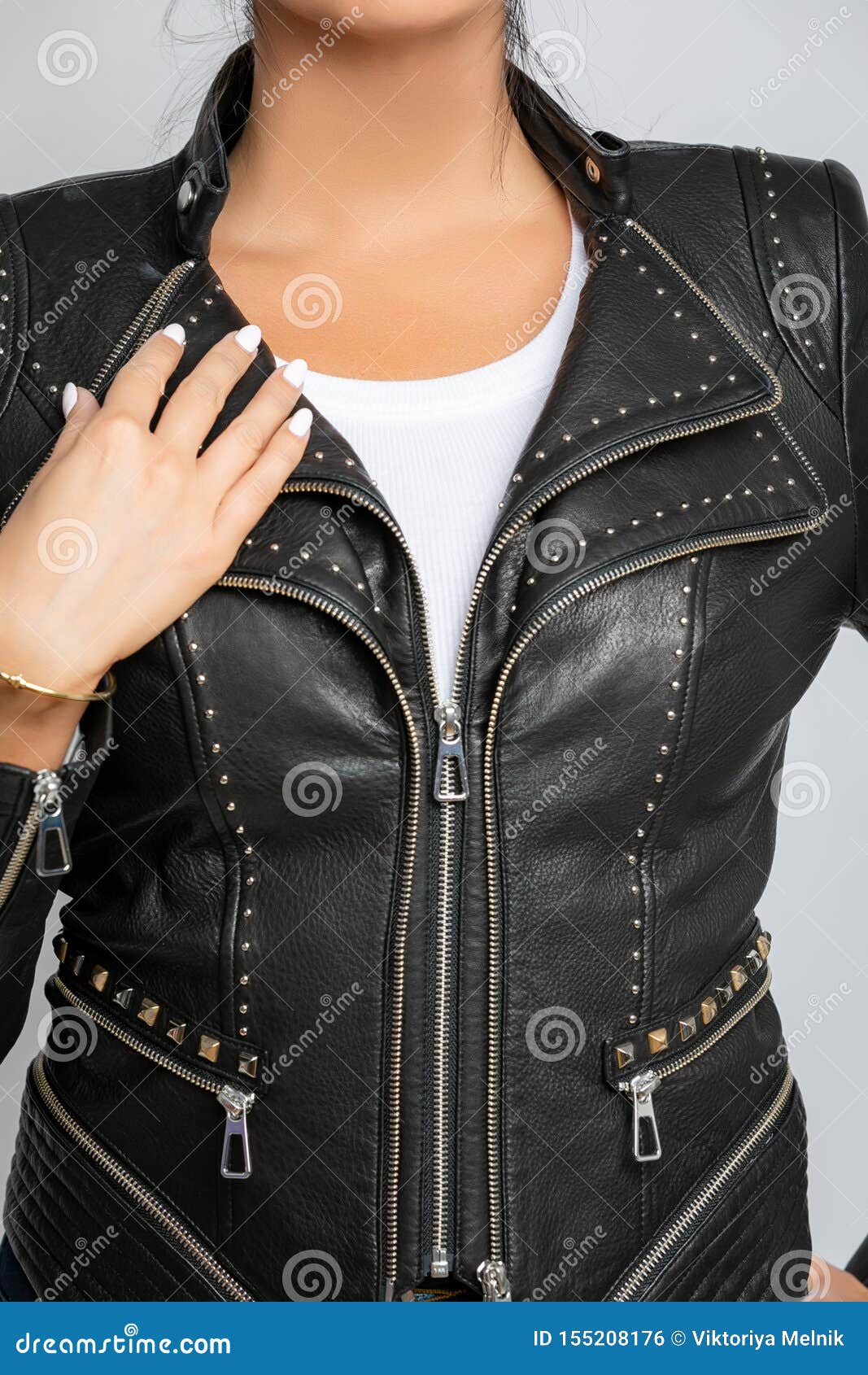 Womens Leather Jacket with Long Sleeves, Black Color with Iron Lock and