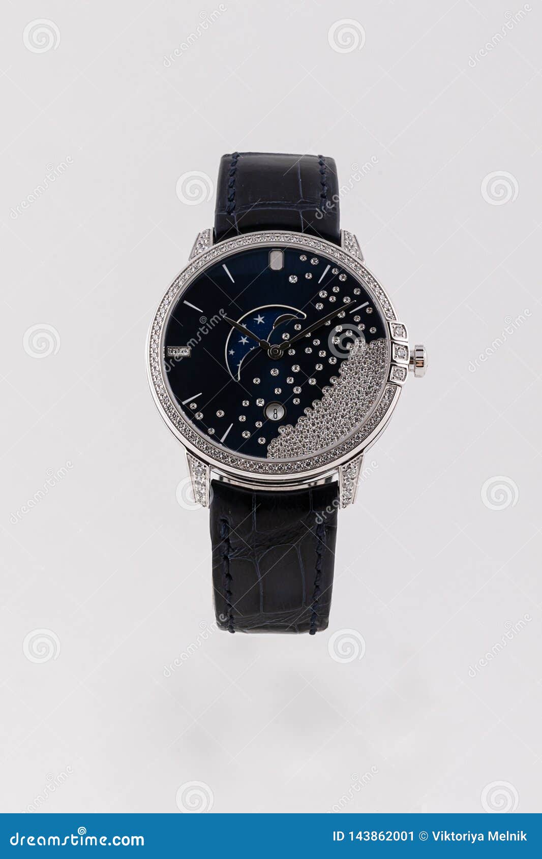 silver watch with black dial