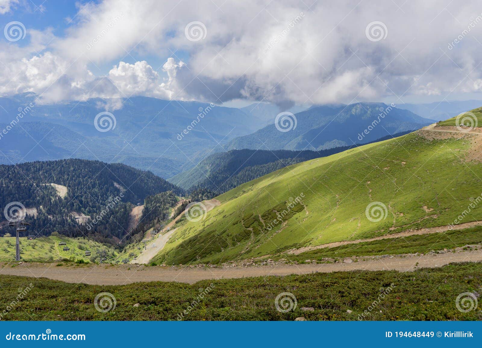 Wonderful Landscape in Mountains. Grassy Field and Rolling Hills. Rural