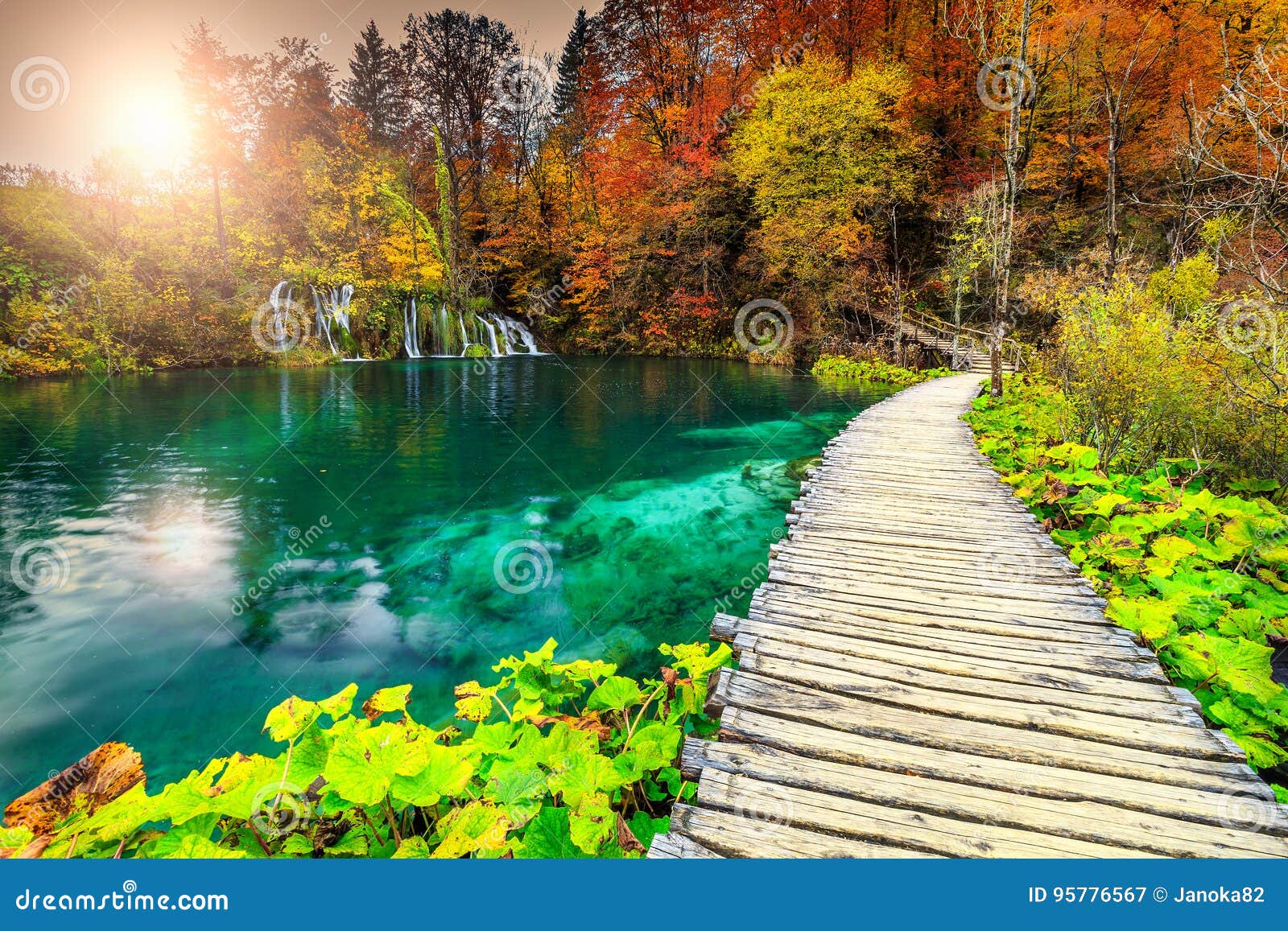 wonderful tourist pathway in colorful autumn forest, plitvice lakes, croatia