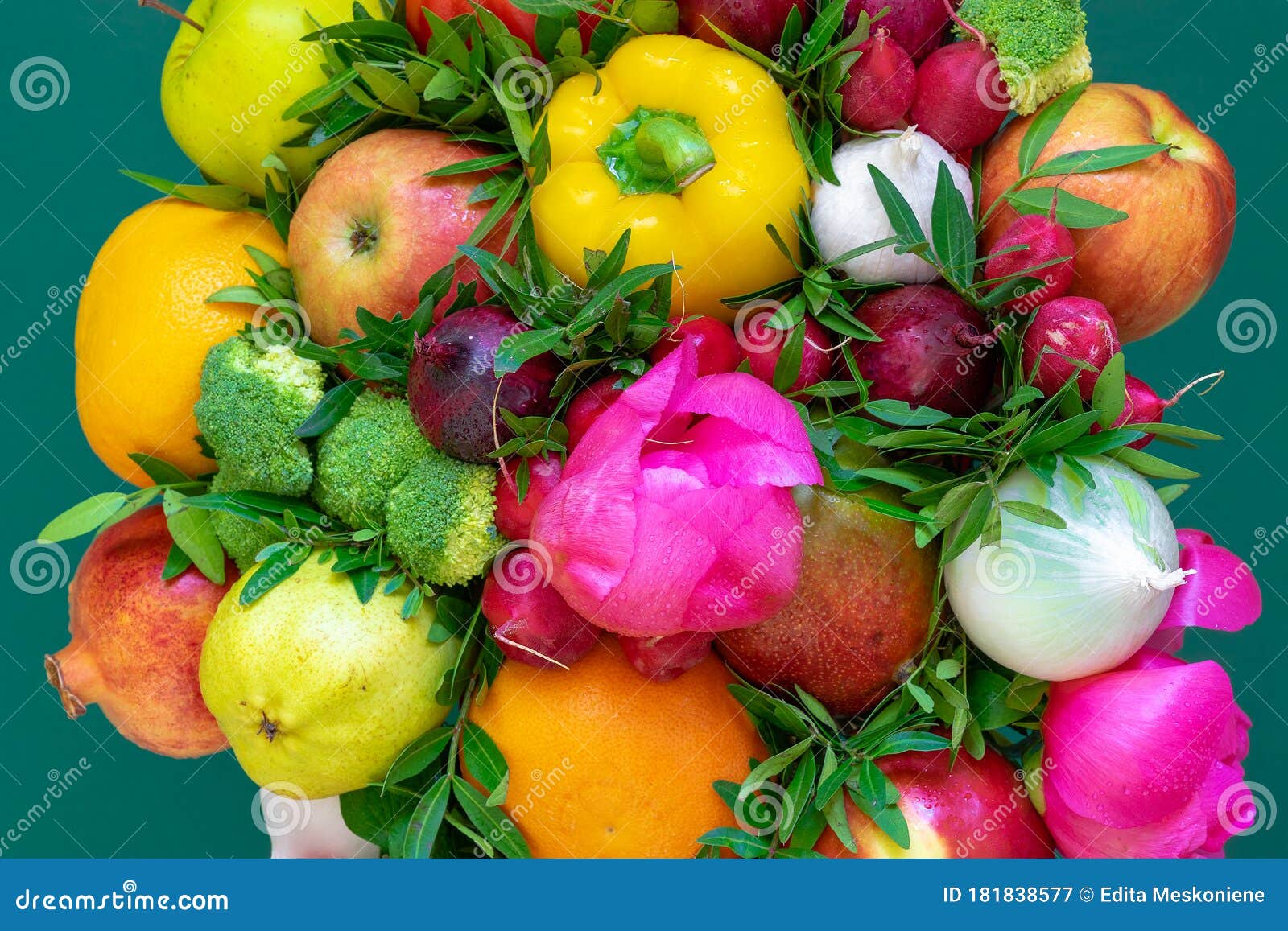 Composition With Fruits, Vegetables And And Flowers Stock Image - Image Of  Fresh, Lifestyle: 181838577