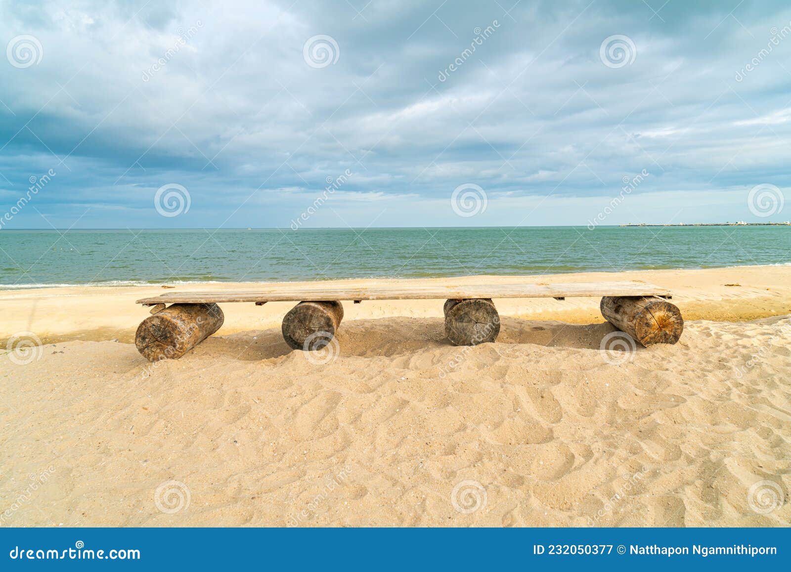 Wood Bench on Beach with Sea Beach Background Stock Image - Image of