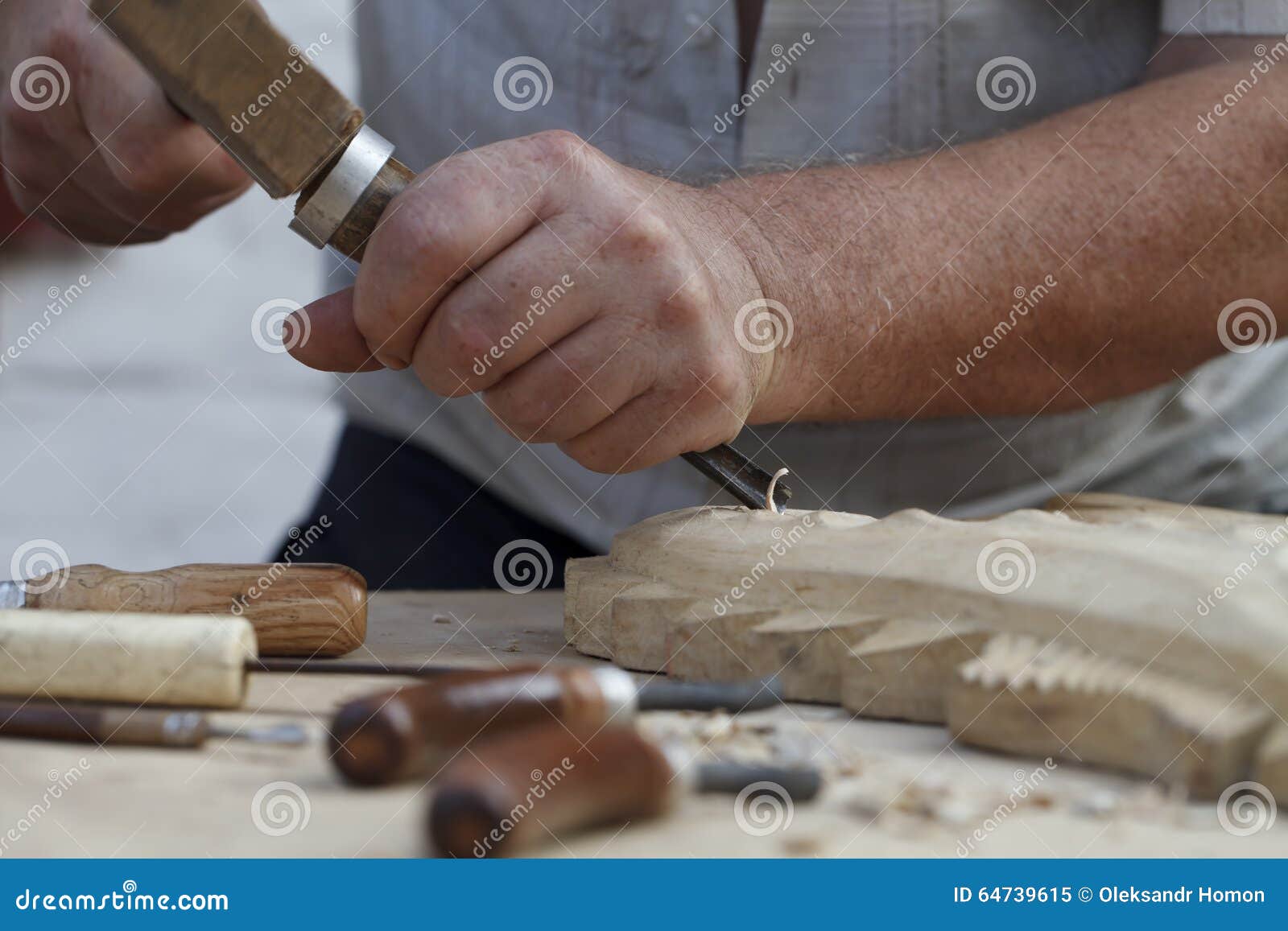Wood Carvings, Tools and Processes Work Closeup Stock Image Image of