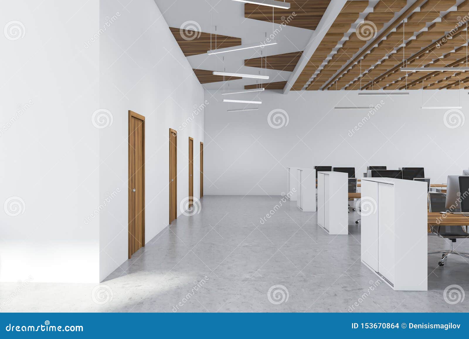 Wood Ceiling Open Space Office With Doors Stock Illustration