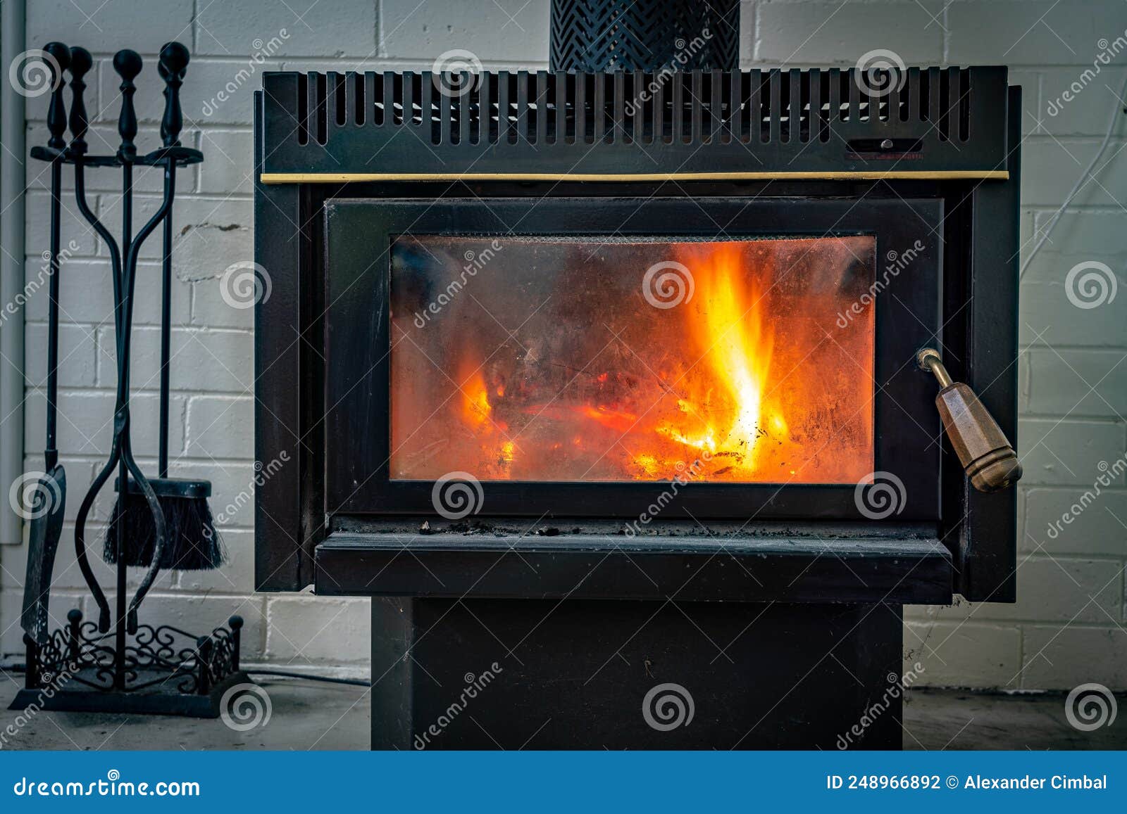 Wood Fired Fireplace with Tools on the Side Stock Photo Image of