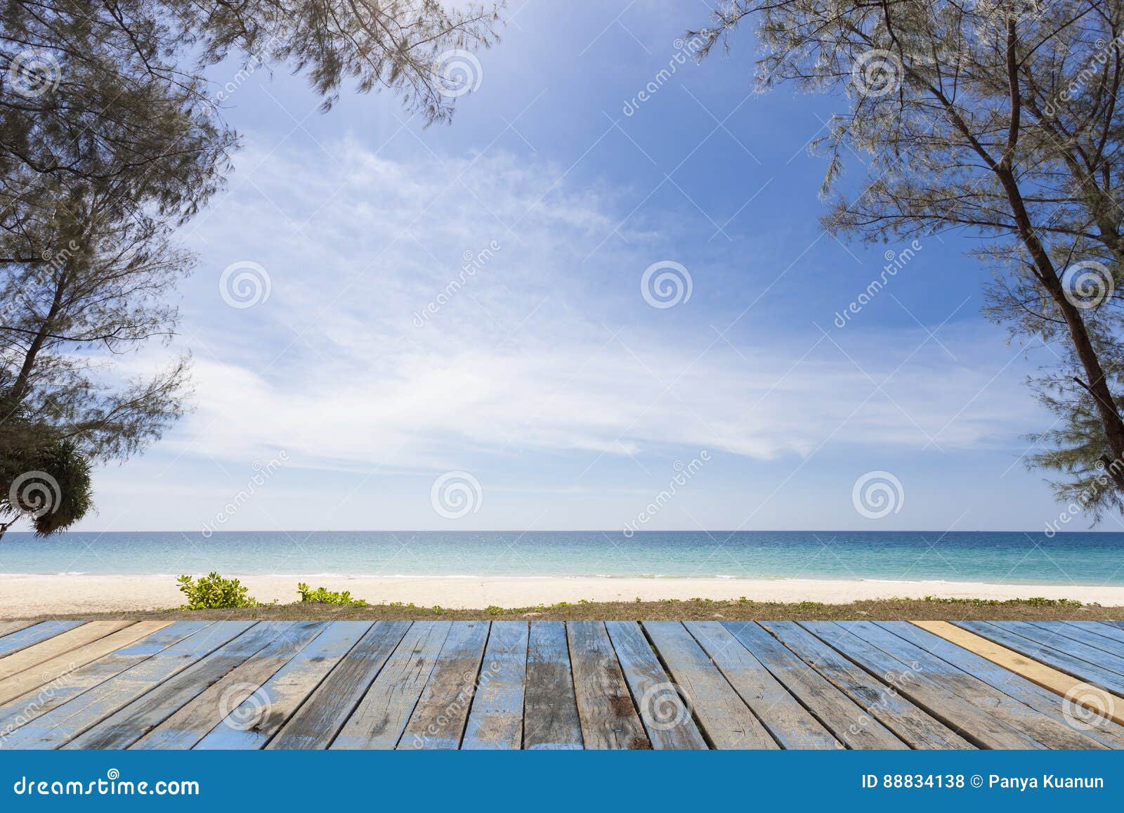 Wood Floor with Tree on Tropical Beach,beautiful Scenery Background for  Summer and Travel ,tour Background. Stock Photo - Image of blue, beautiful:  88834138