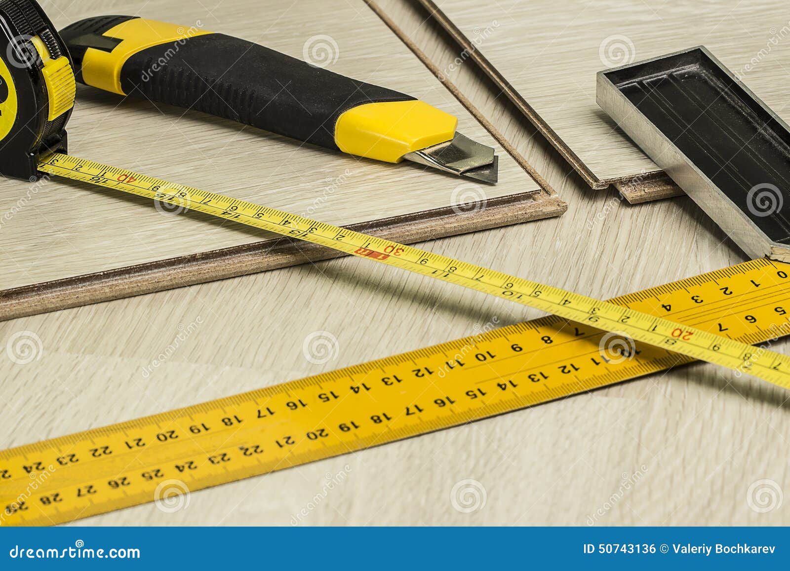Wood flooring and tools stock photo. Image of repair 50743136